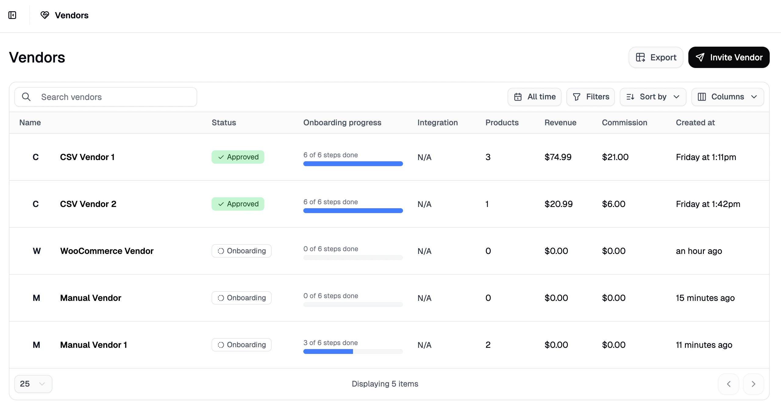 The Vendors tab showing the full list of vendors with status, integration, and revenue columns
