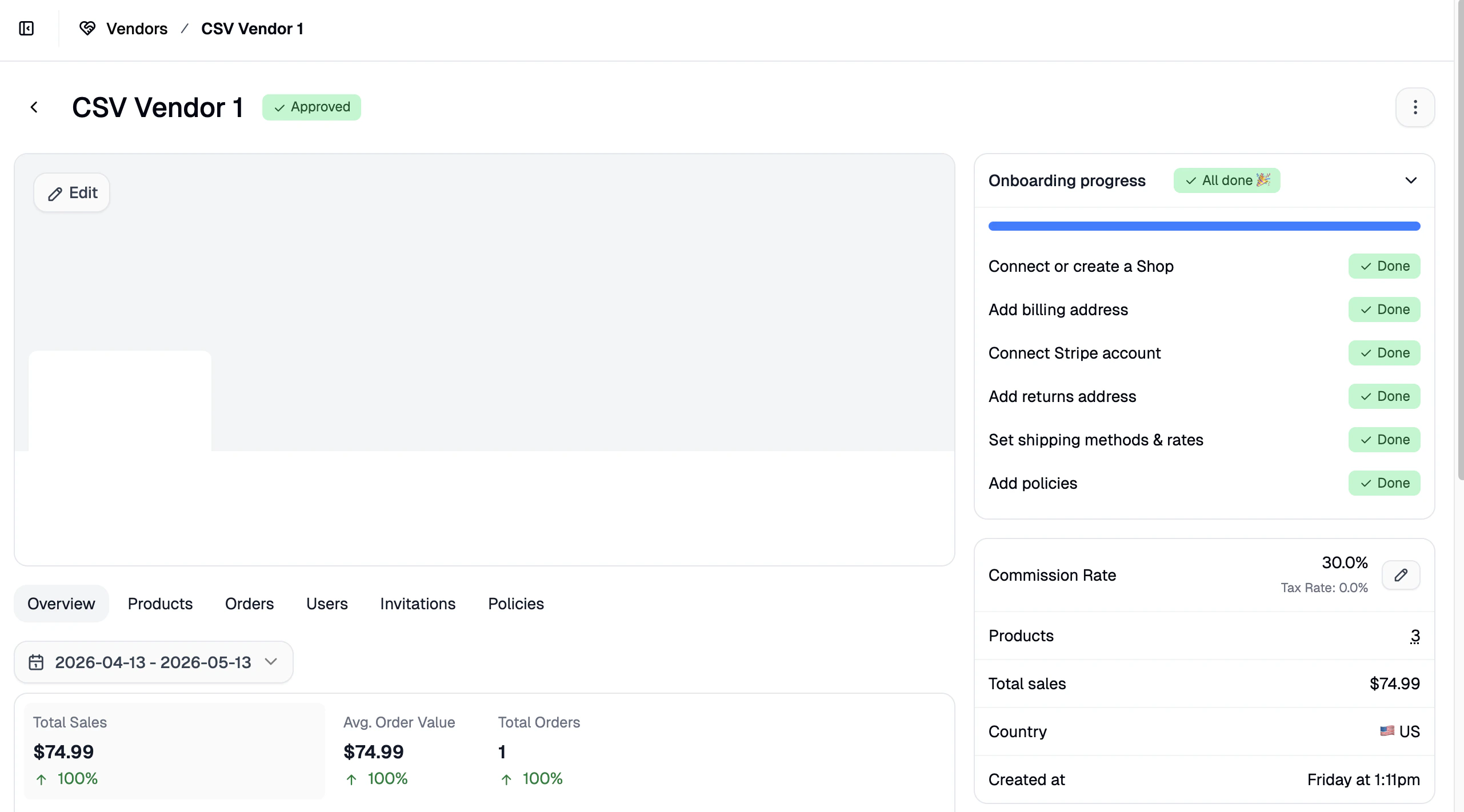 A vendor profile page showing the branding panel, onboarding progress, and account information sections