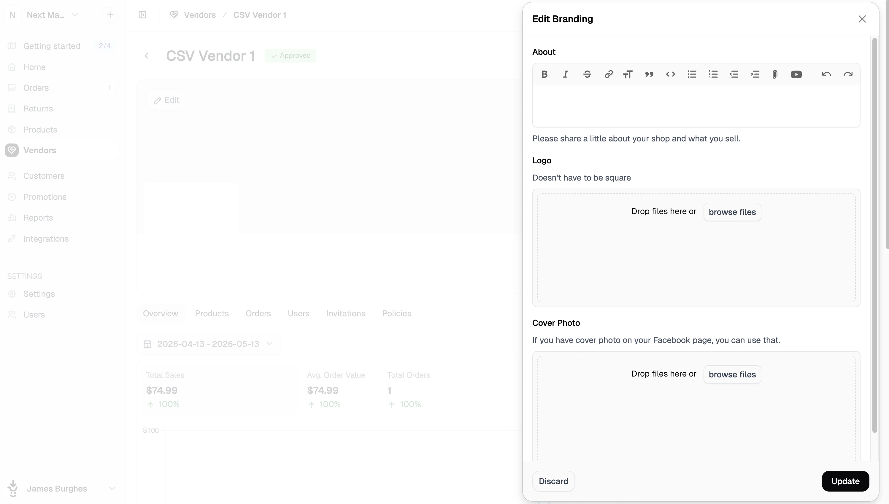 The Branding panel of the vendor profile with fields for About, Logo, Square Logo, and Cover Photo