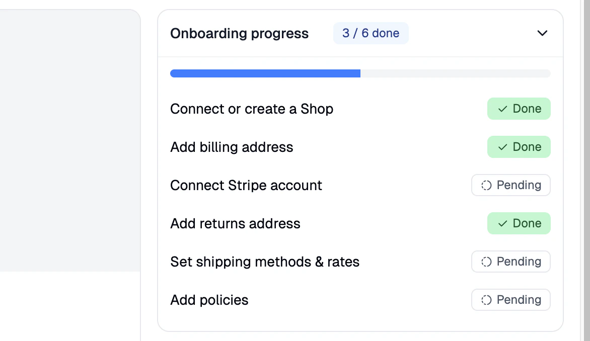 The Onboarding Progress section showing a checklist of completed and outstanding tasks