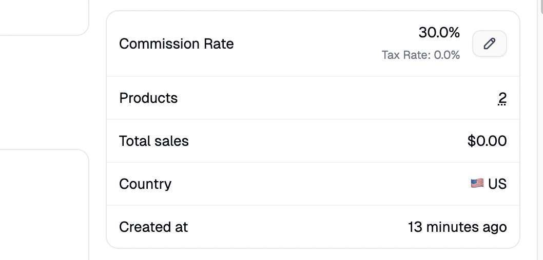 The Account Information section displaying commission rate, product count, total sales, and country