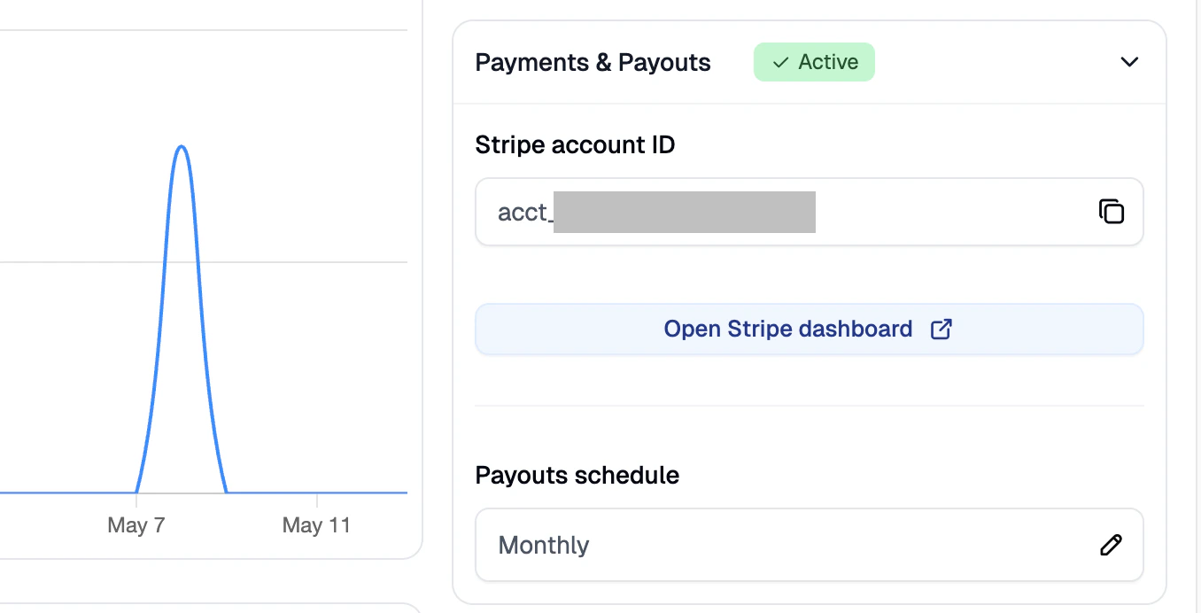 The Payments & Payouts section showing the Stripe Account ID and payout schedule dropdown