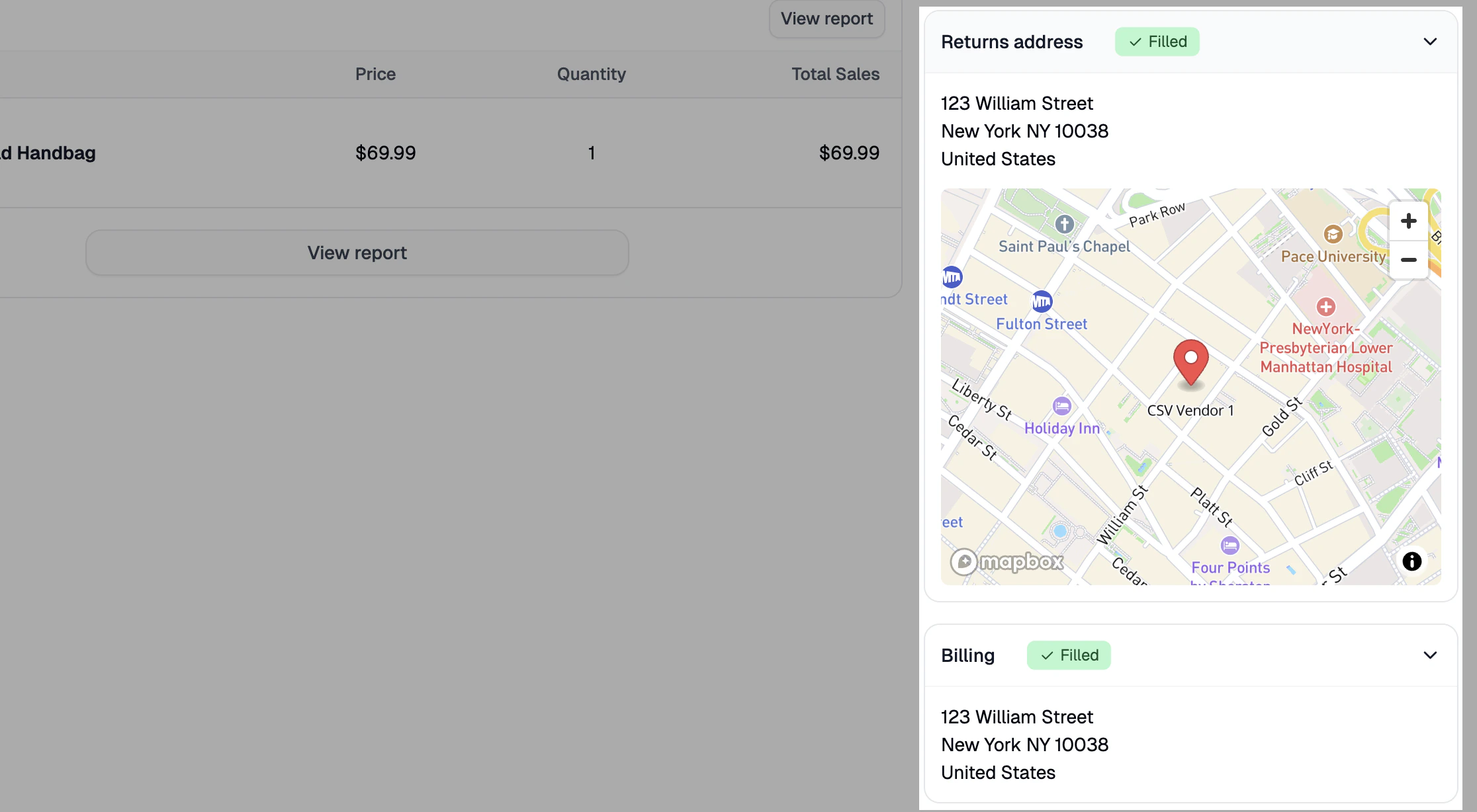 The Returns & Billing Address section displaying the vendor's registered addresses