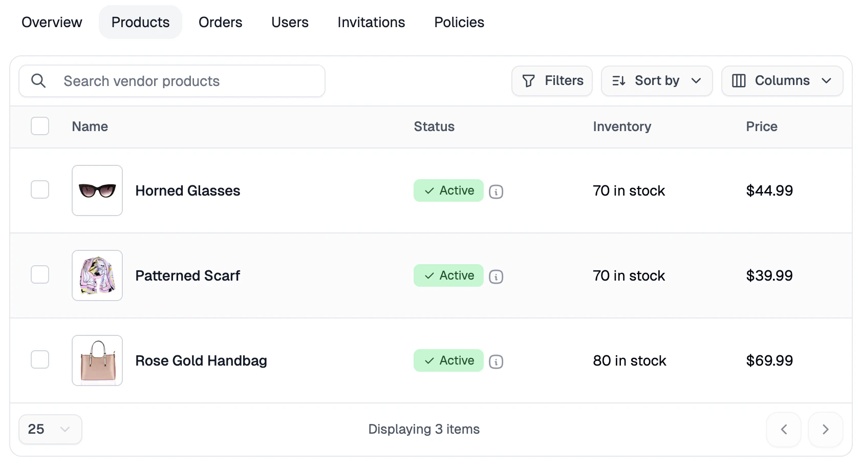 The row of subtabs on a vendor profile, including Overview, Products, Orders, Users, Invitations, and Policies
