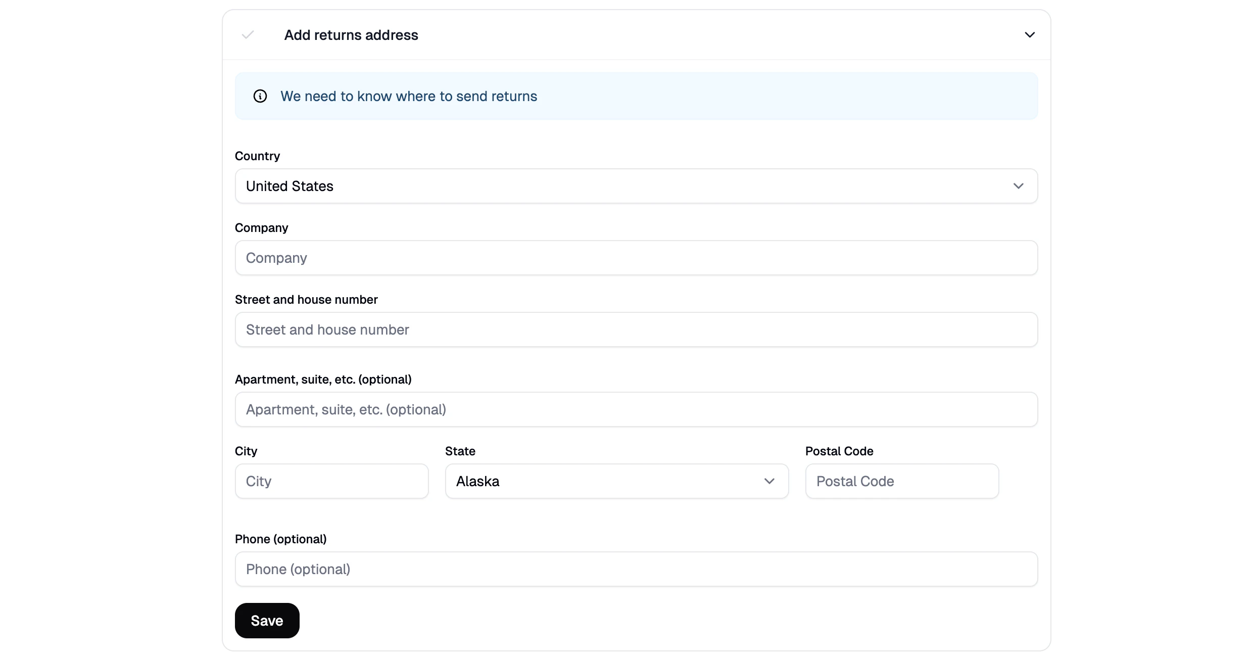 The Add Returns Address task expanded with the address form fields