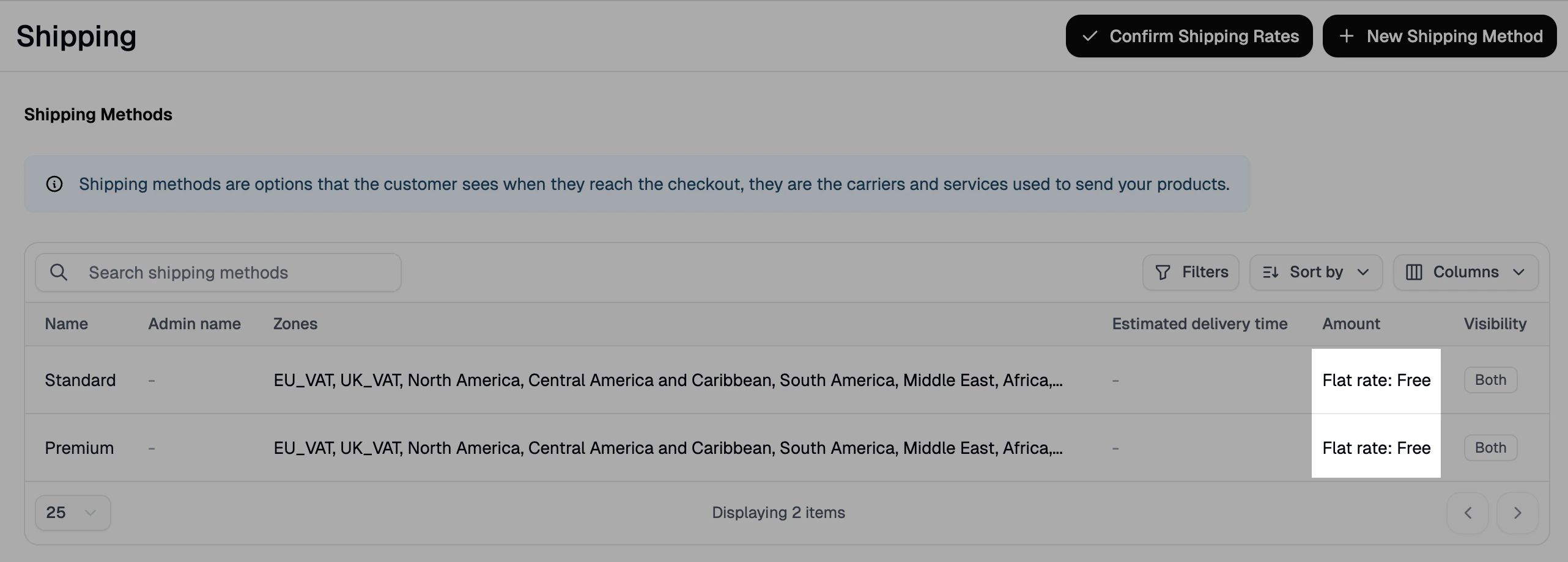 The Shipping Methods page in the vendor dashboard with fields for adding methods and rates