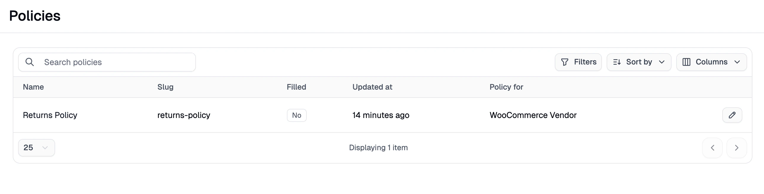 The Policies tab in the Spree Commerce vendor dashboard showing an unfilled returns policy