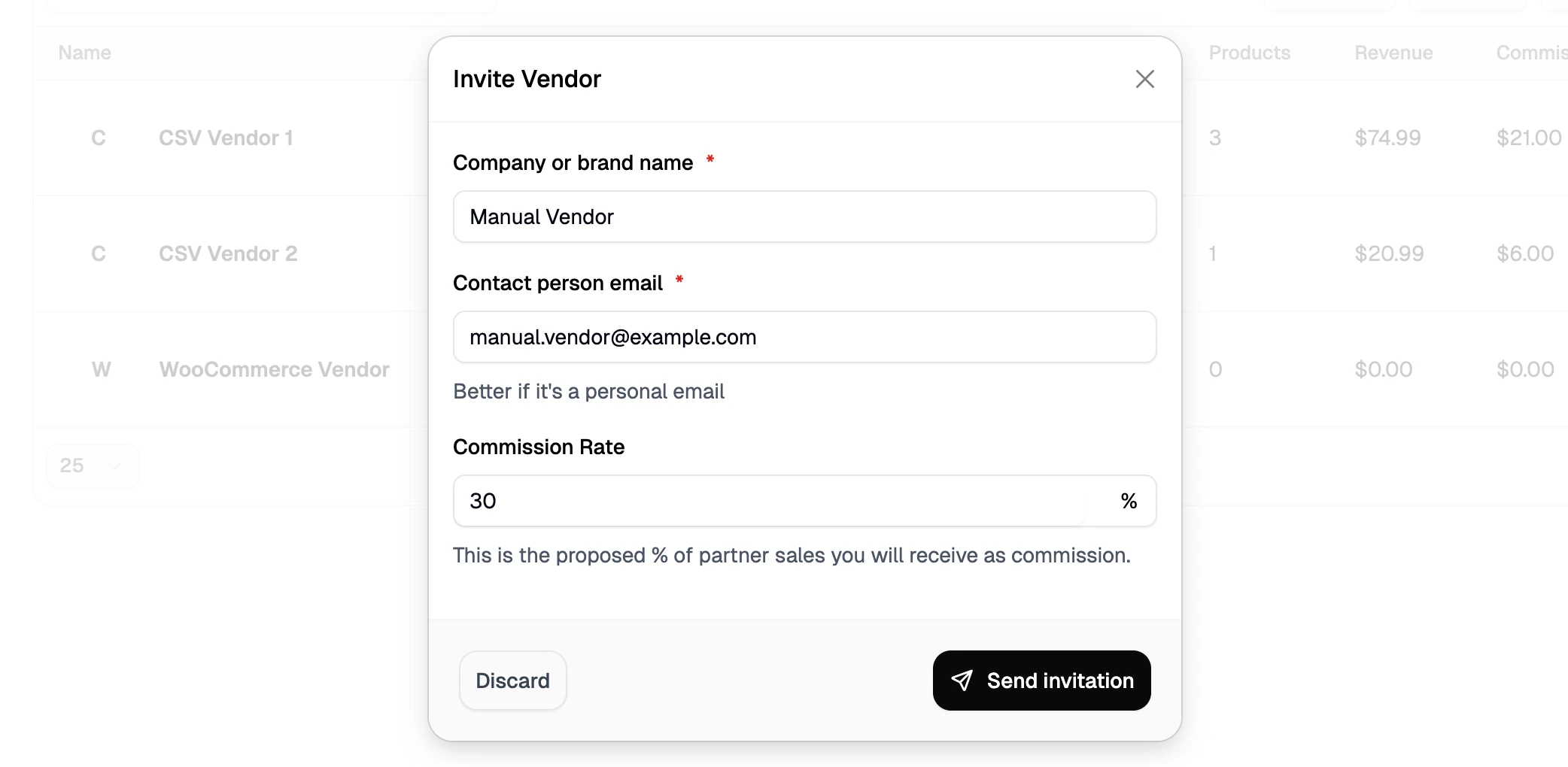 The Invite Vendor form with fields for company name, contact email, and commission rate