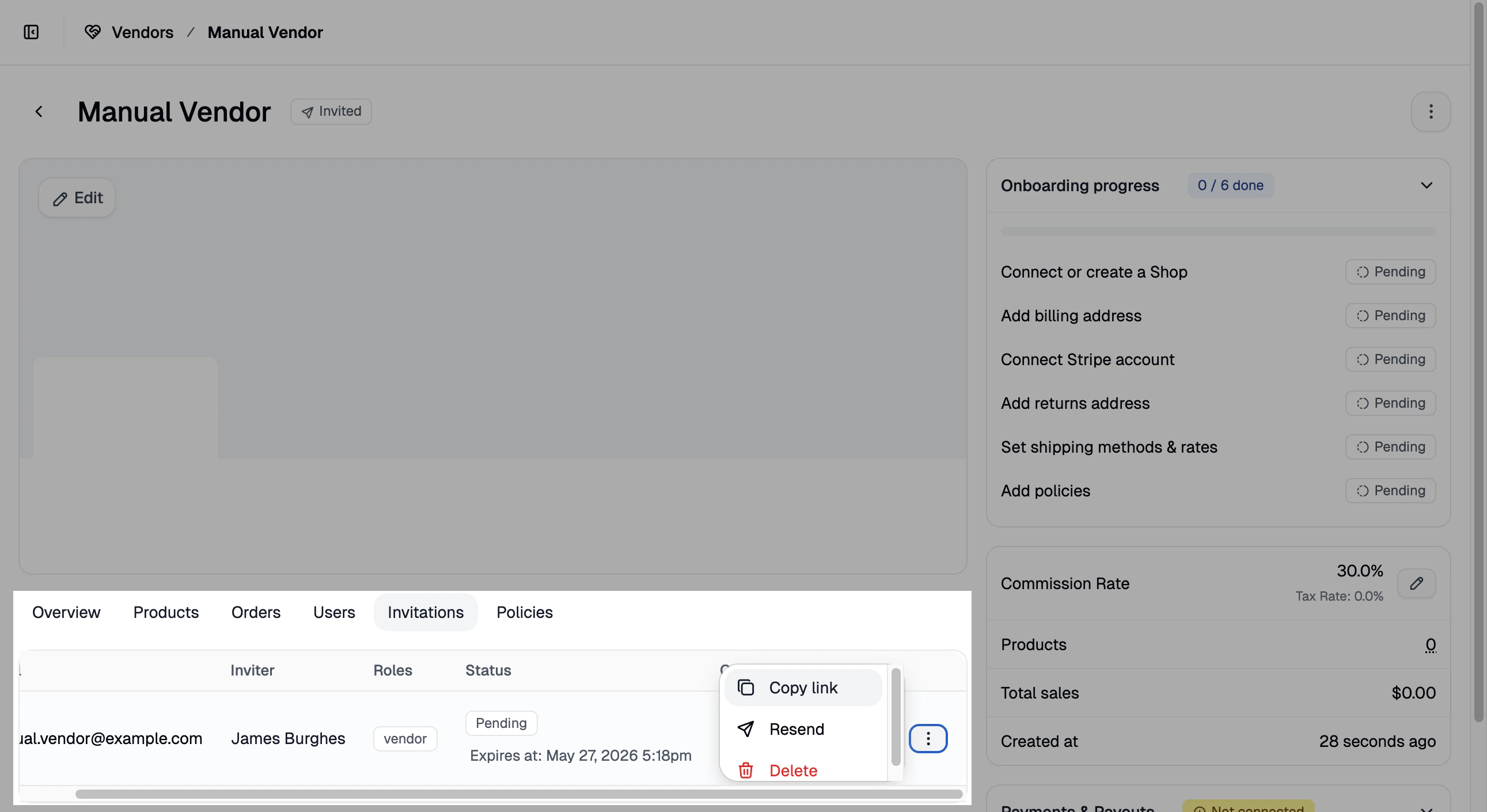 The Invitations subtab with the three-dot menu opened to show the Copy invitation link option