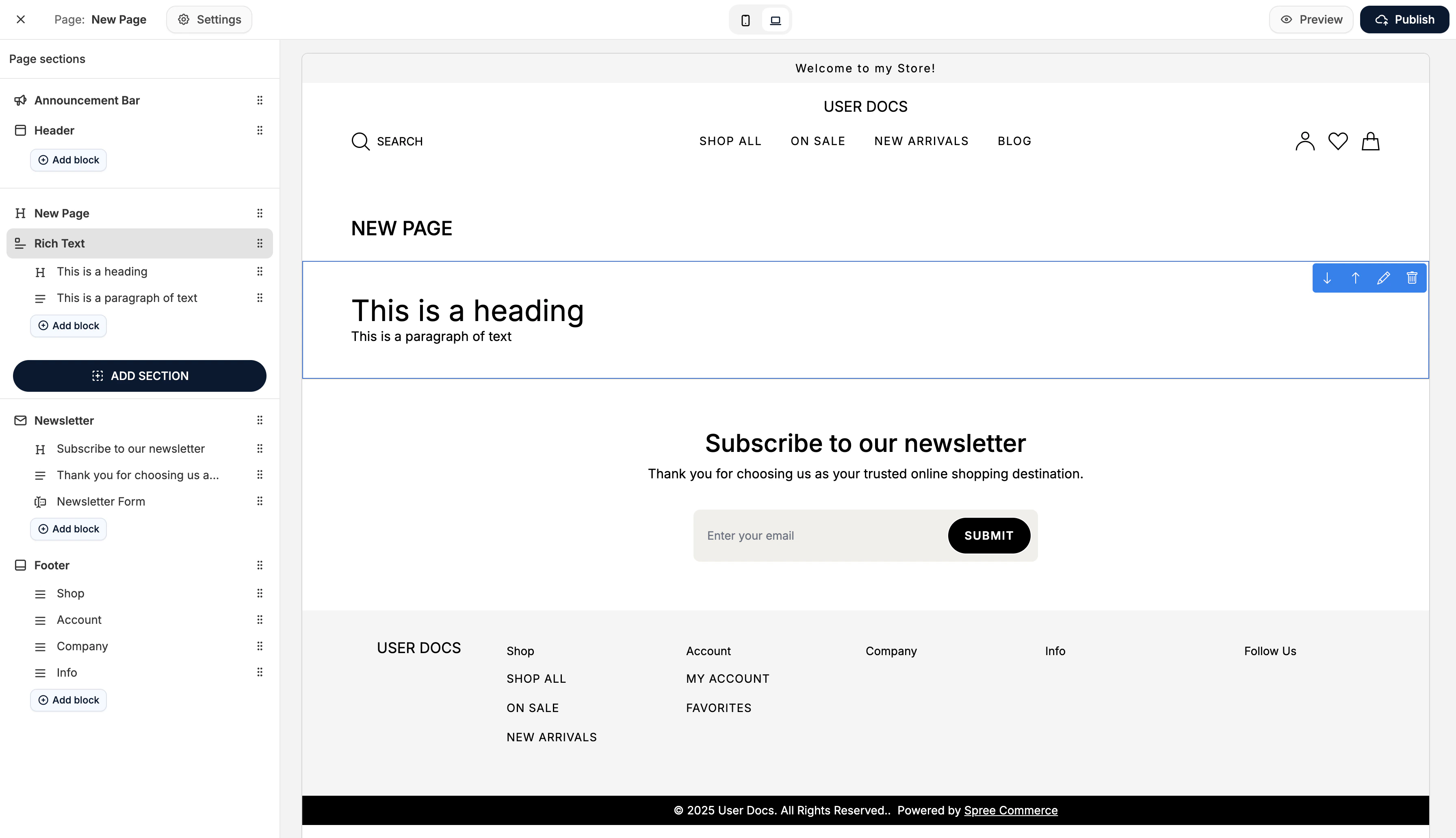 Editing a page in the Spree Commerce theme editor