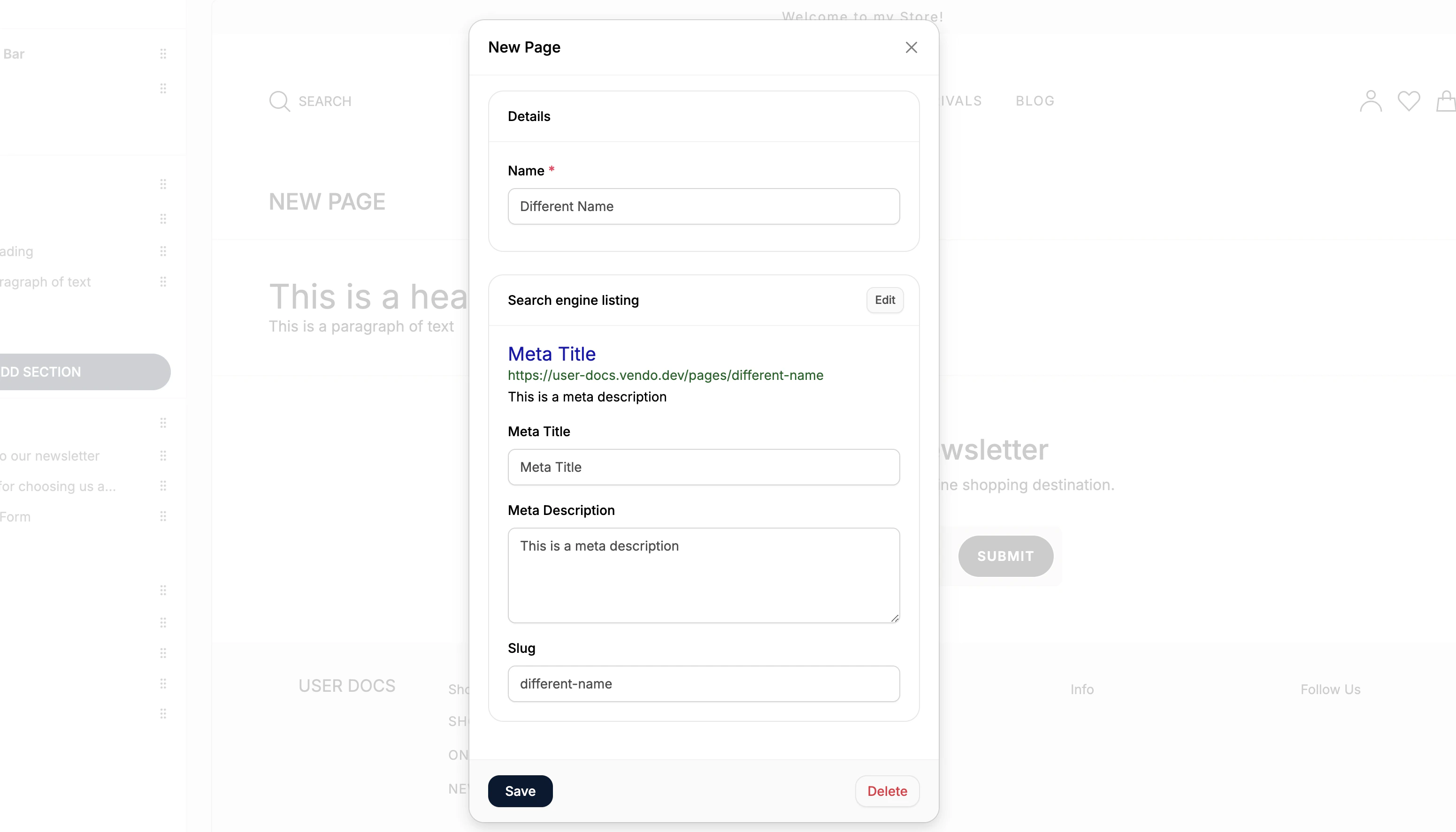 Page settings window in Spree theme editor