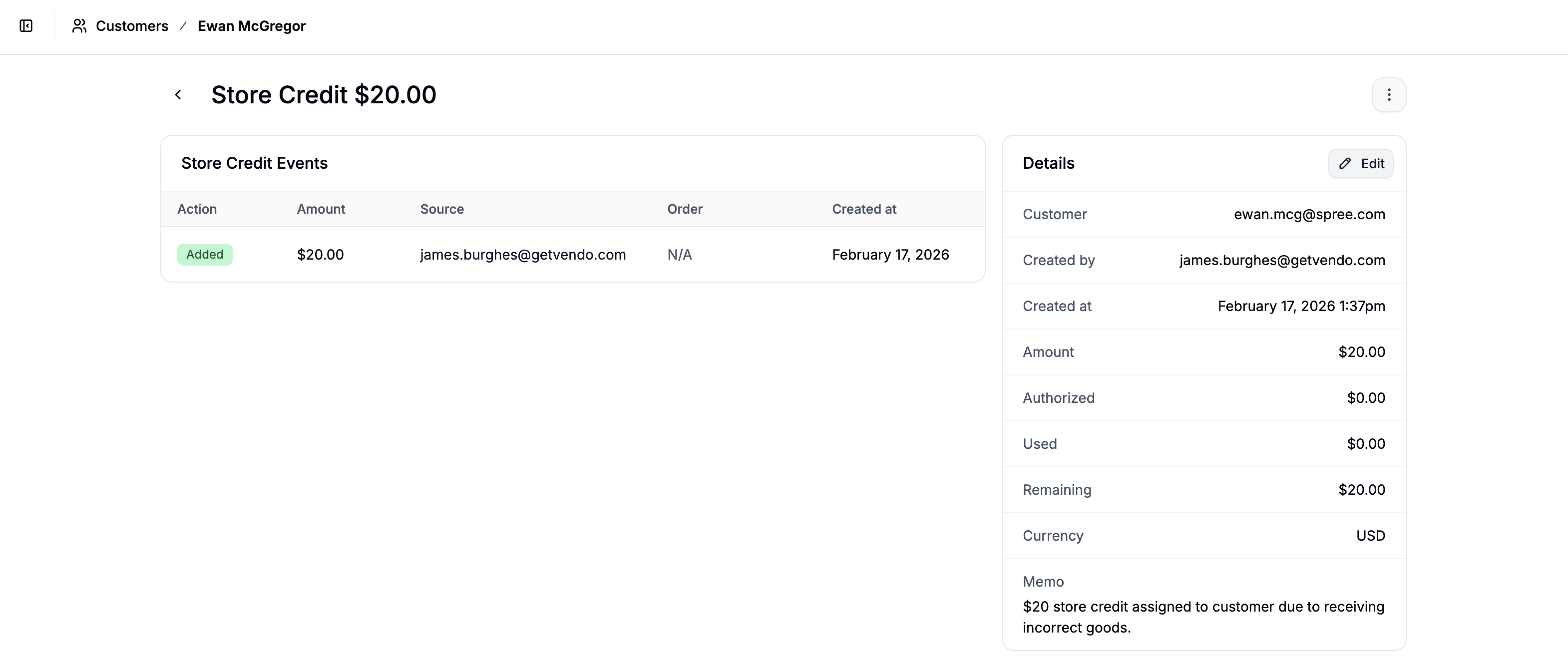 Editing a store credit assignment in the Spree Commerce dashboard