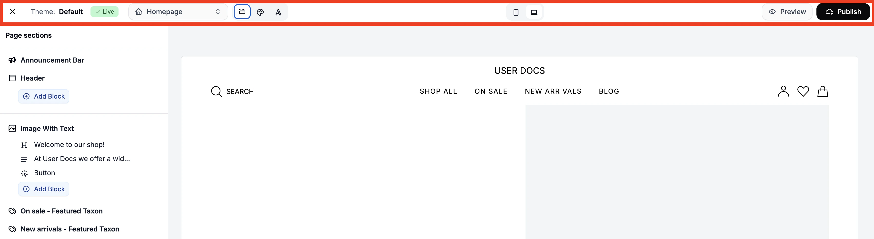 The top navigation bar in the Spree Commerce theme editor