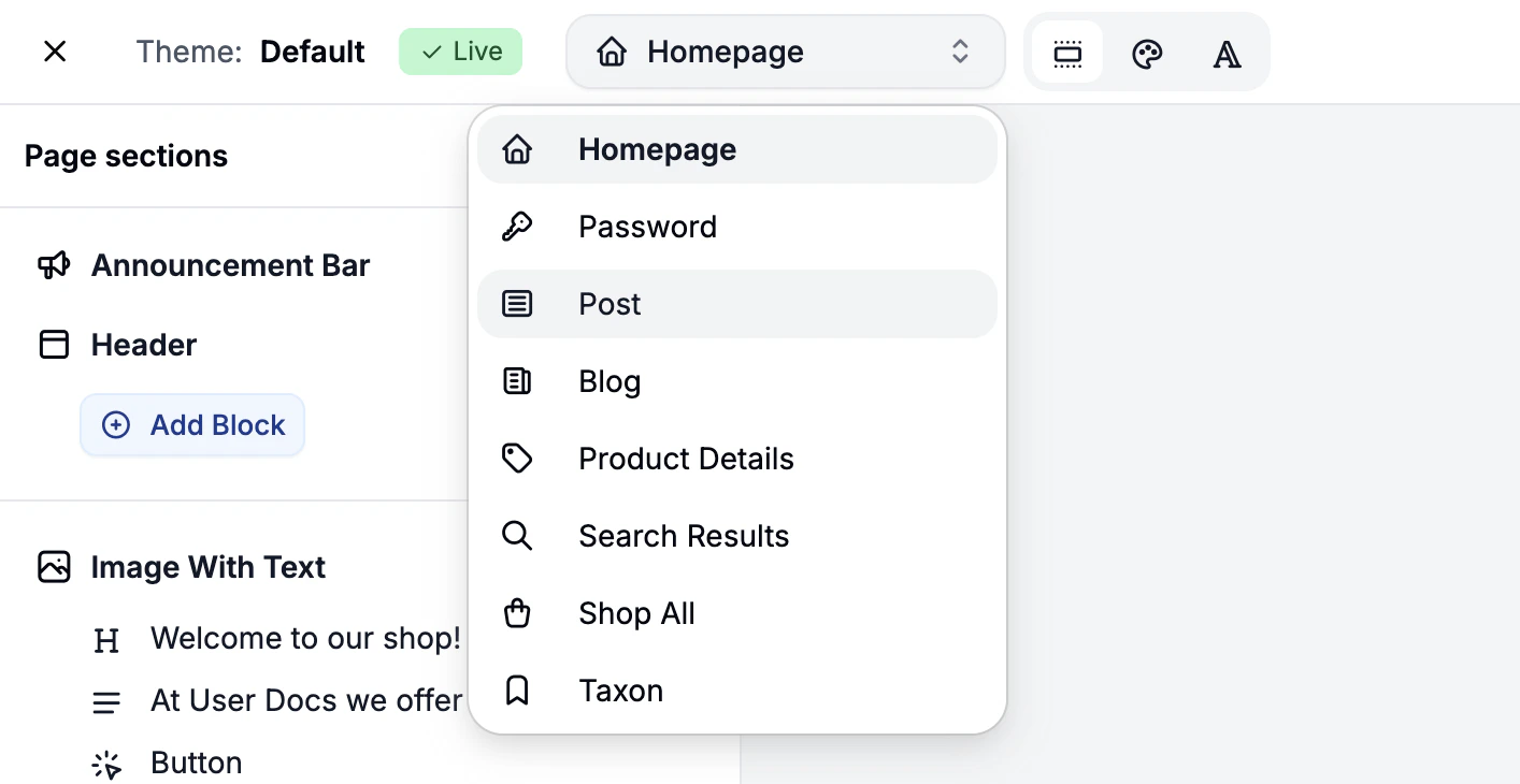 The page selector in the Spree Commerce theme editor