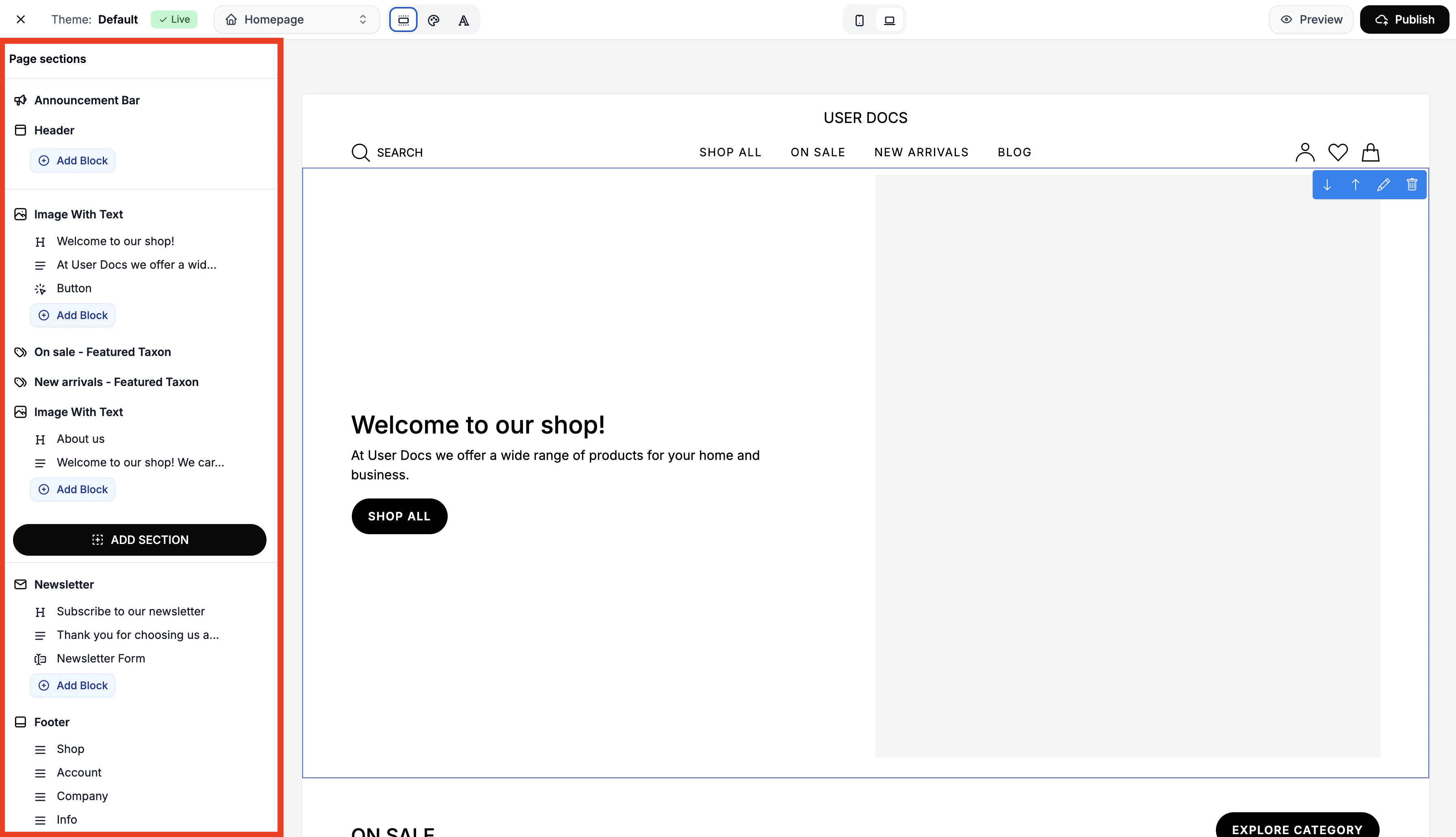 The side navigation bar in the Spree Commerce theme editor