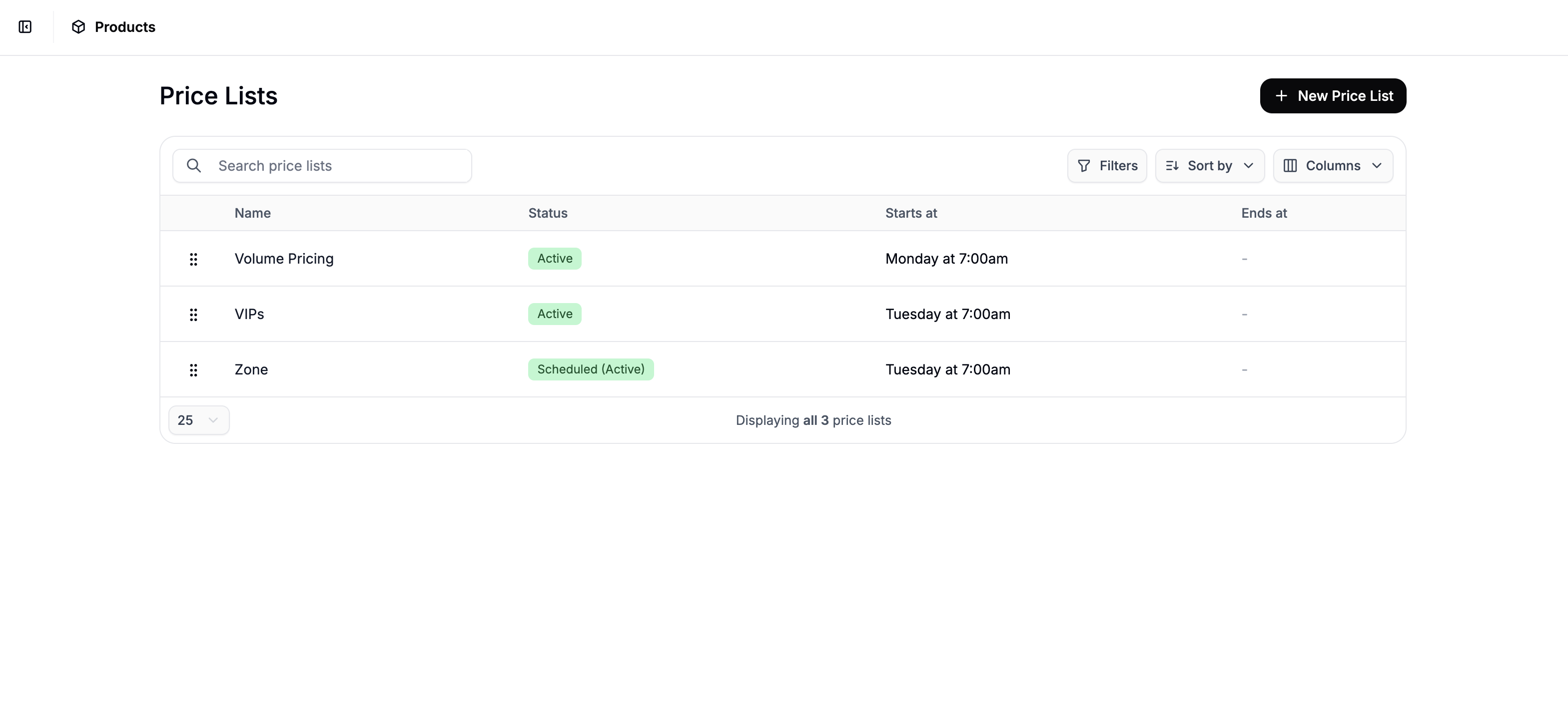 The price list tab in Spree Commerce