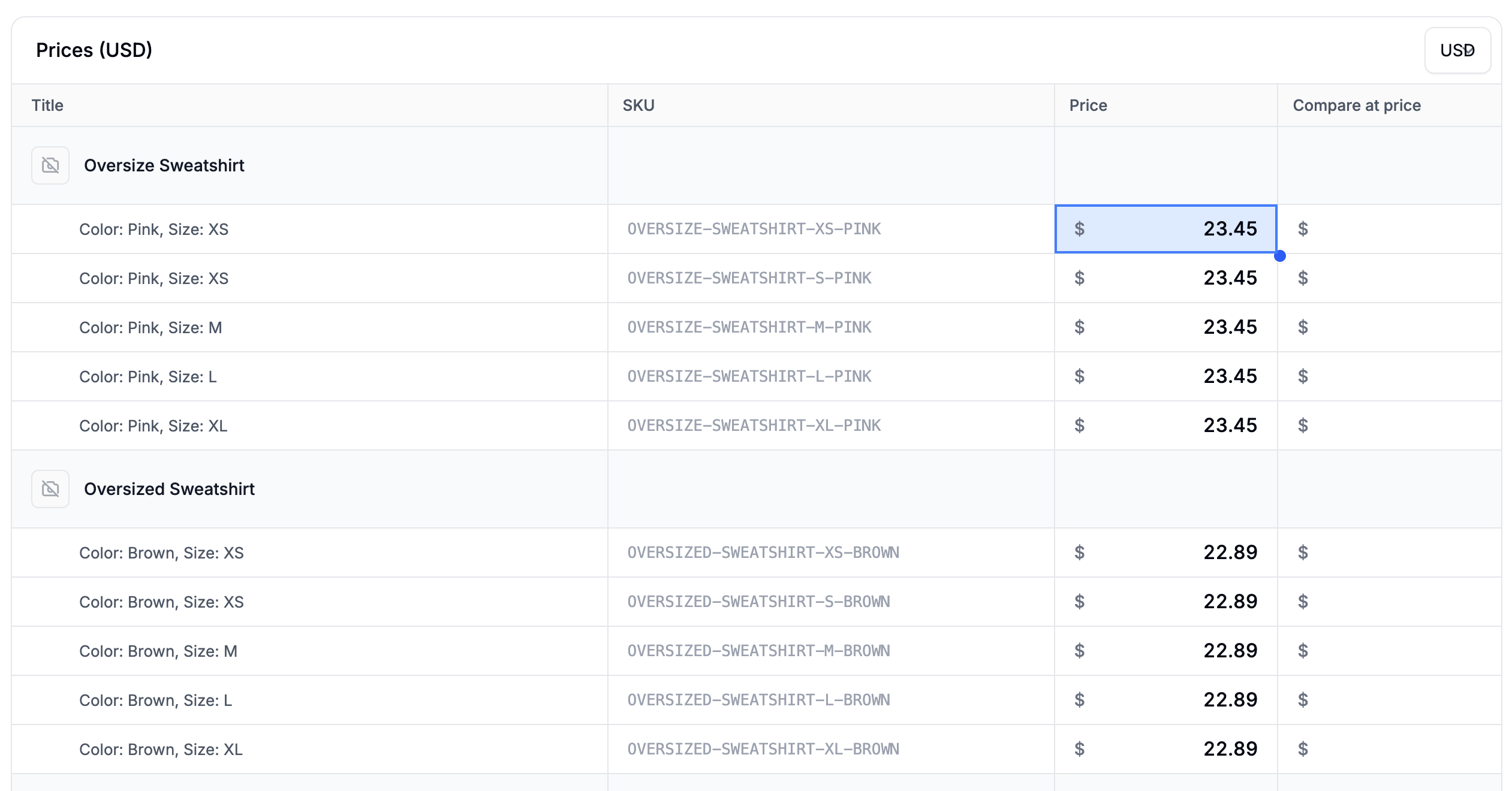 The price editor showing discounted prices entered for the 21–50 unit tier