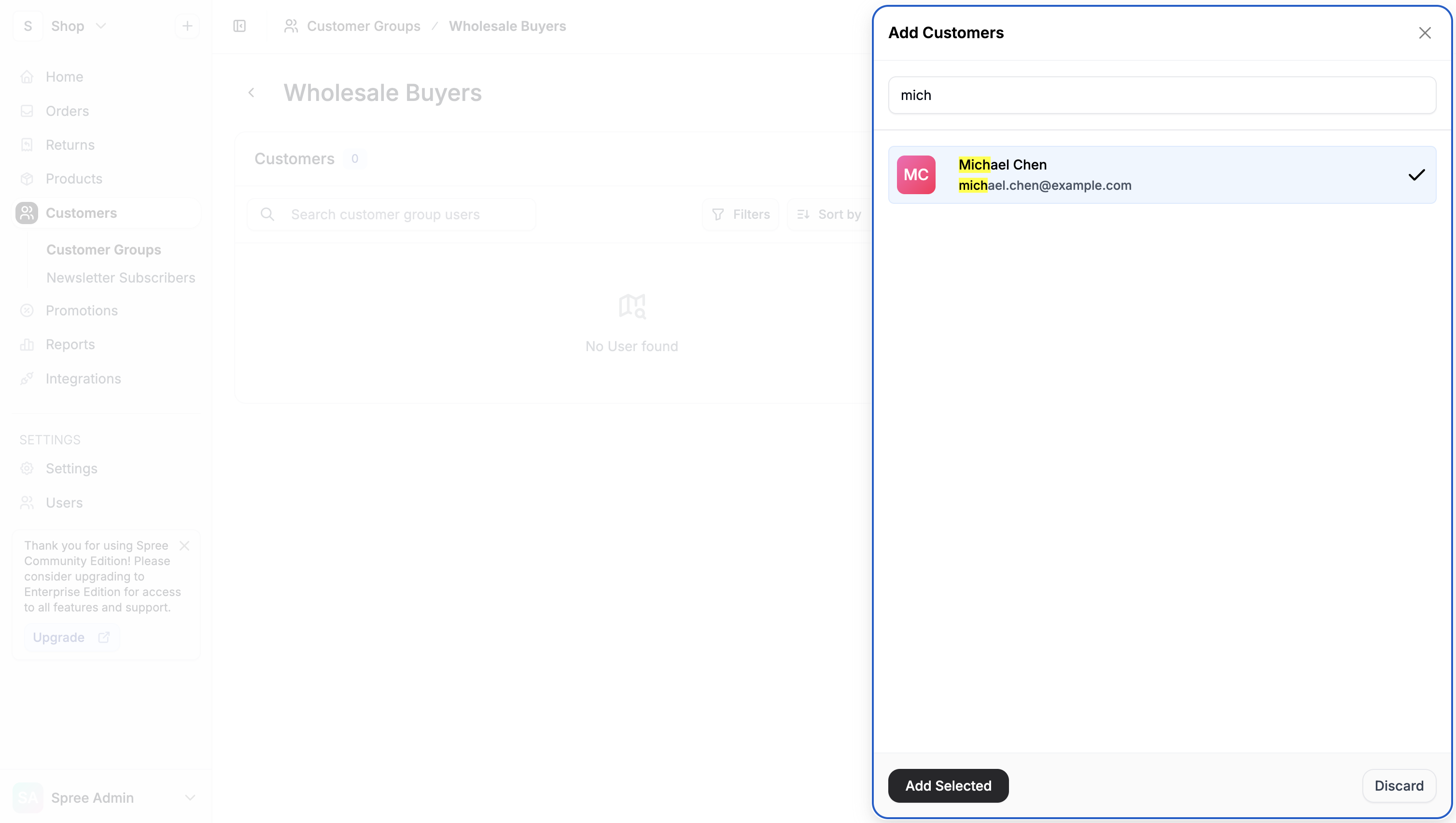 The customer selector panel open in Spree Commerce