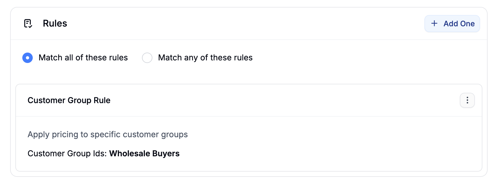 The price list editor showing a Customer Group rule targeting Wholesale Buyers