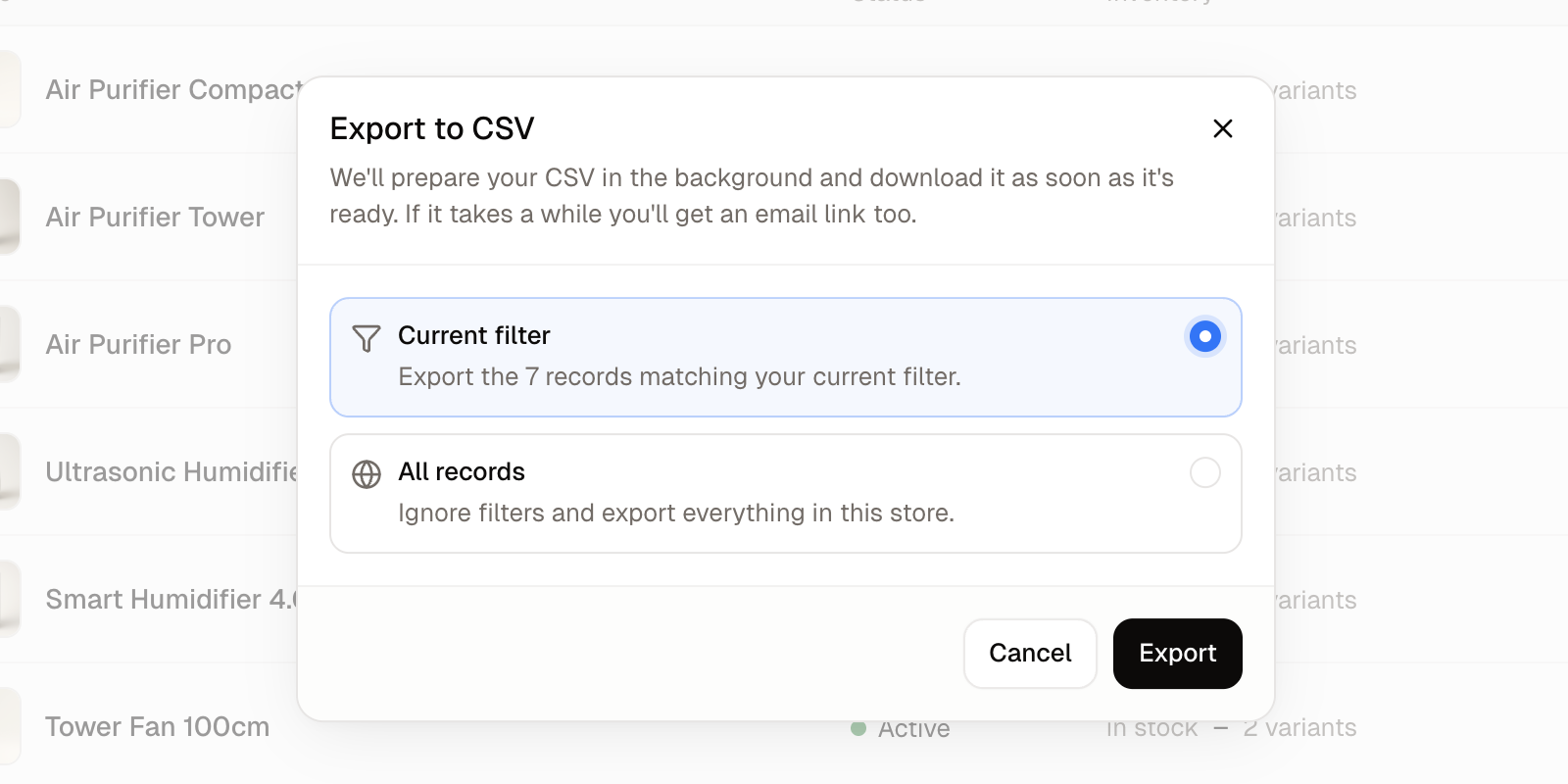 The Export to CSV dialog offering Current filter, with a count of one record, or All records