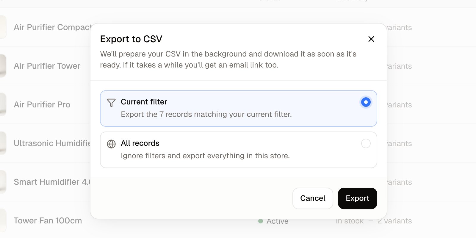 The Export to CSV dialog offering Current filter, with a count of one record, or All records