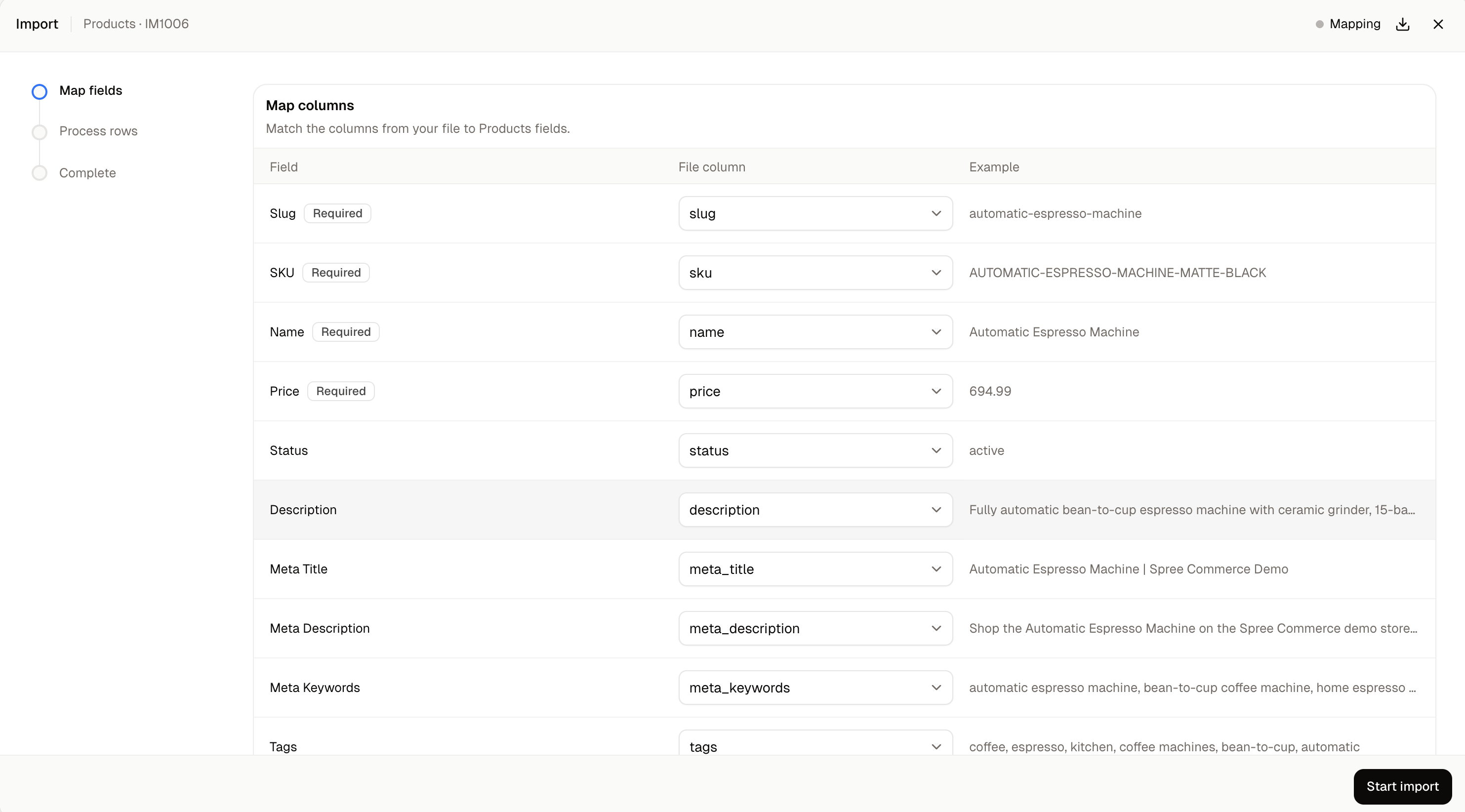 The Map columns step, with Slug, SKU, Name and Price marked Required and each field matched to a column of the file