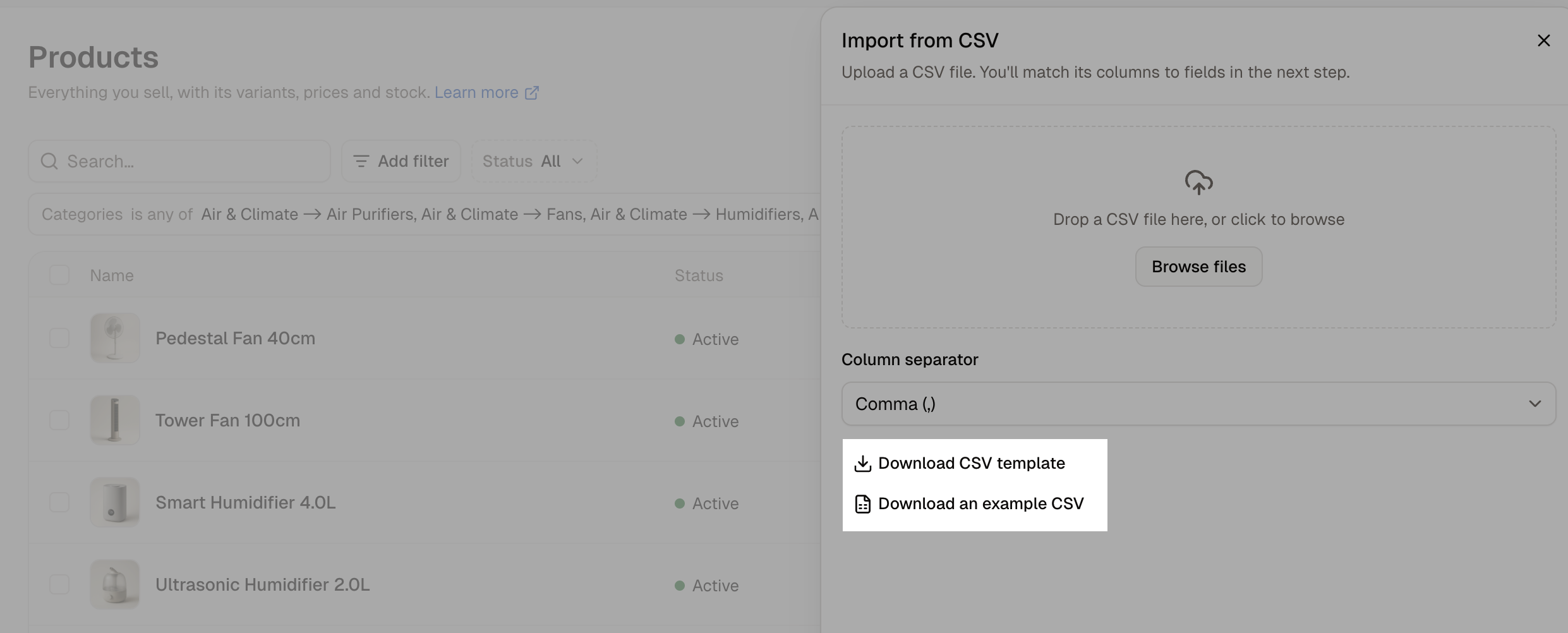 The Import from CSV panel with the Download CSV template button
