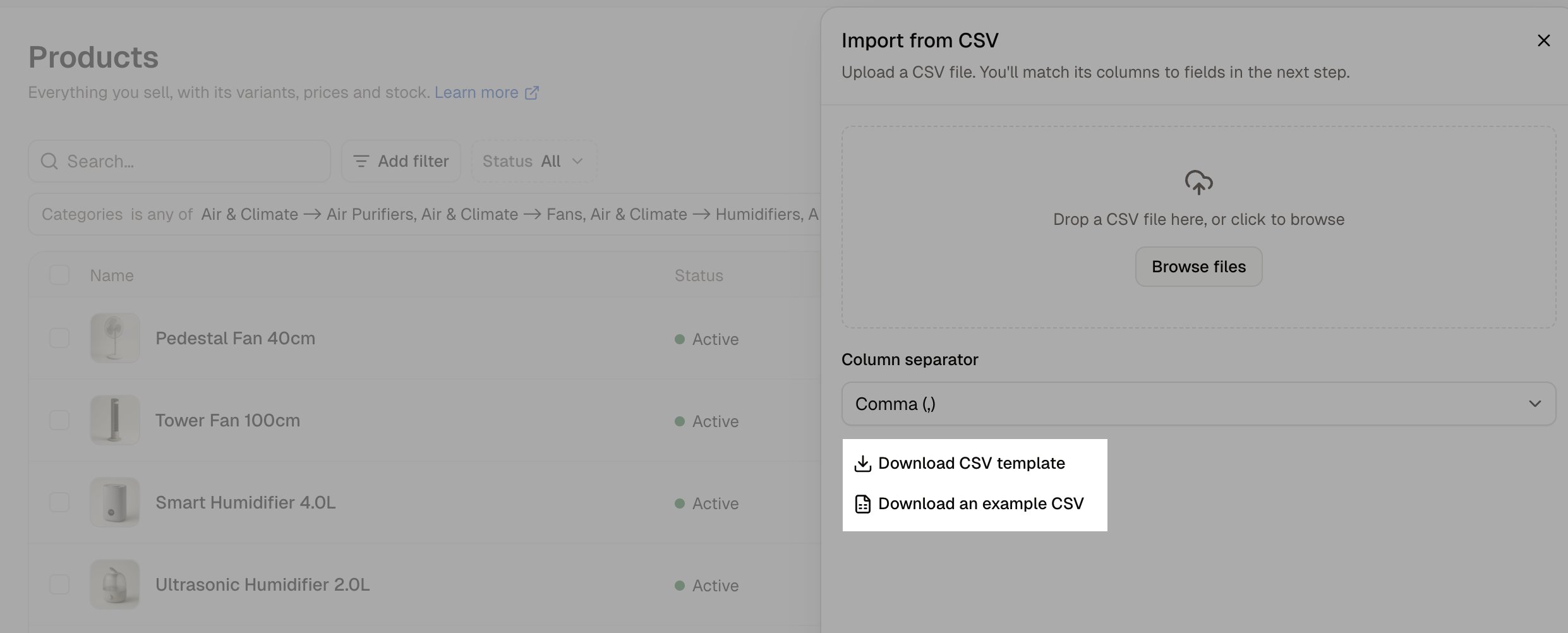 The Import from CSV panel with the Download CSV template button