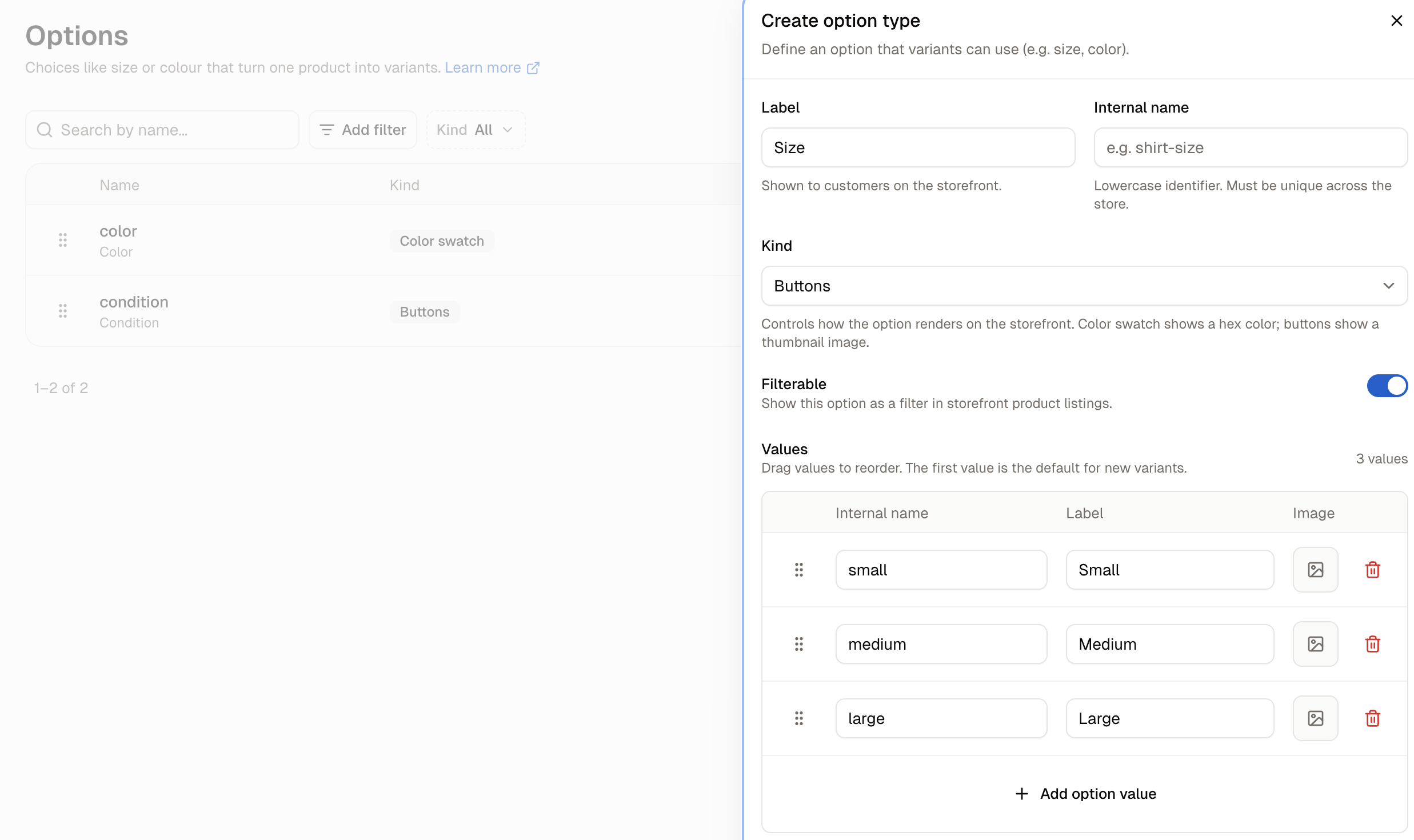 The Create option type panel