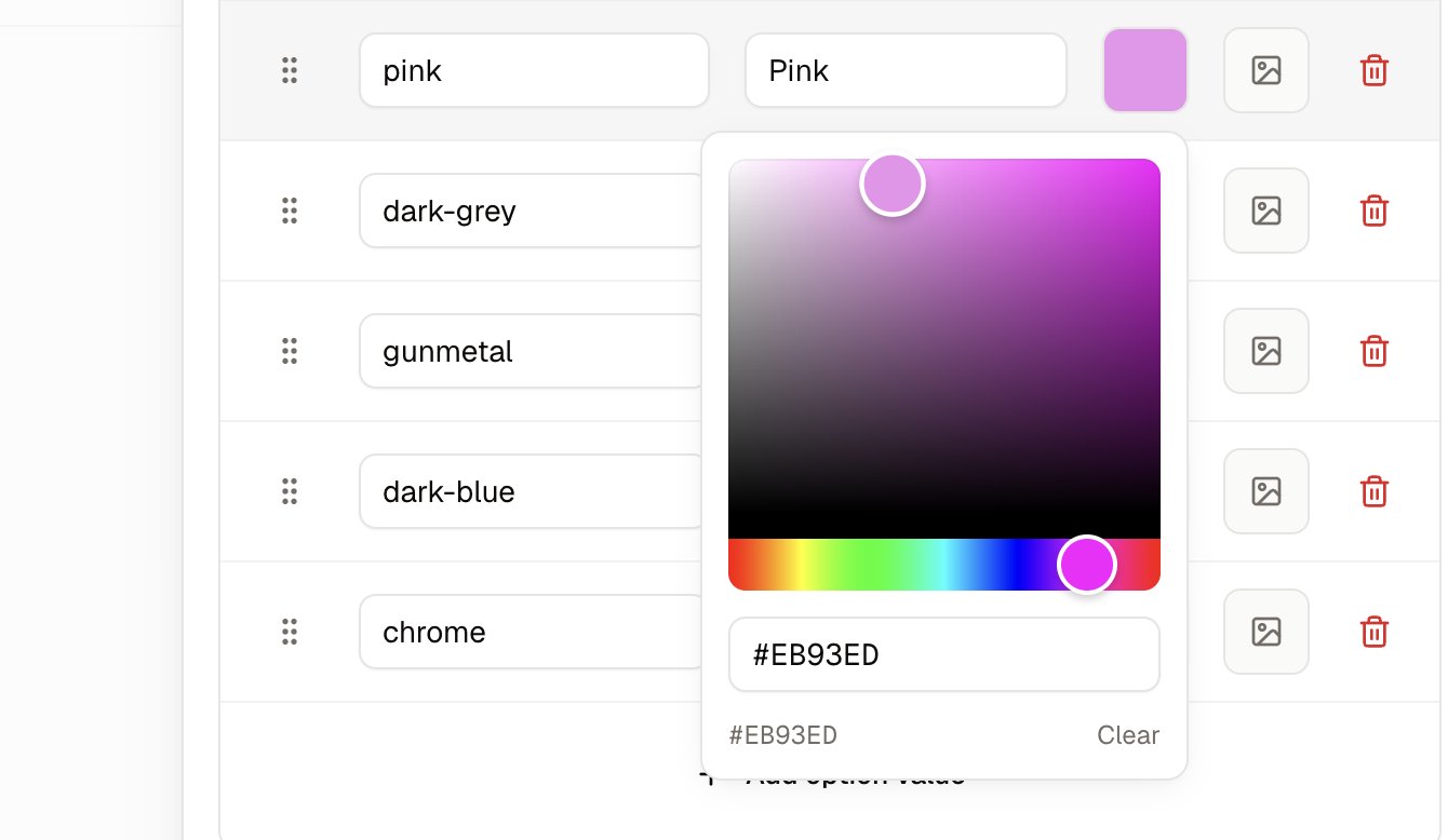 The color picker open on a value, with its color square, hue bar and hex field
