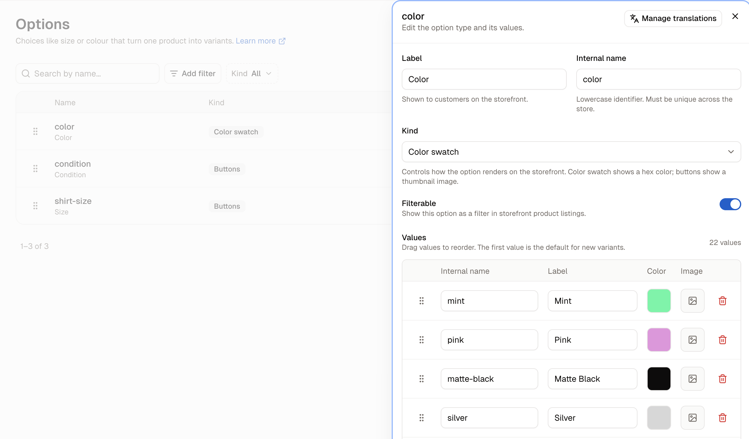 An option type open for editing, with its values listed