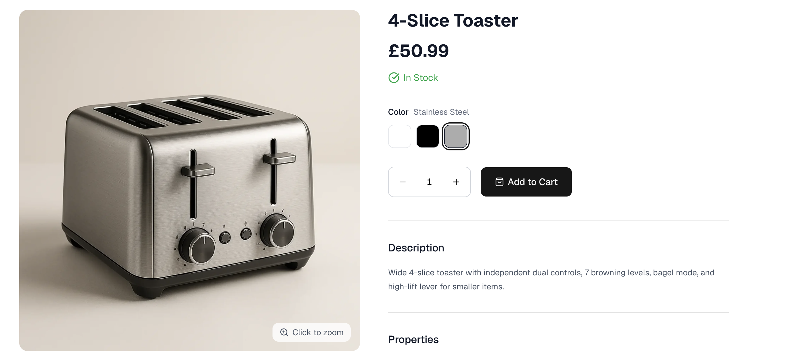 A product page on the storefront showing an option and its values