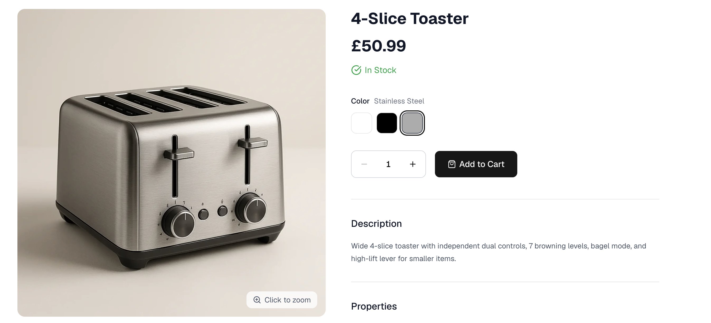 A product page on the storefront showing an option and its values