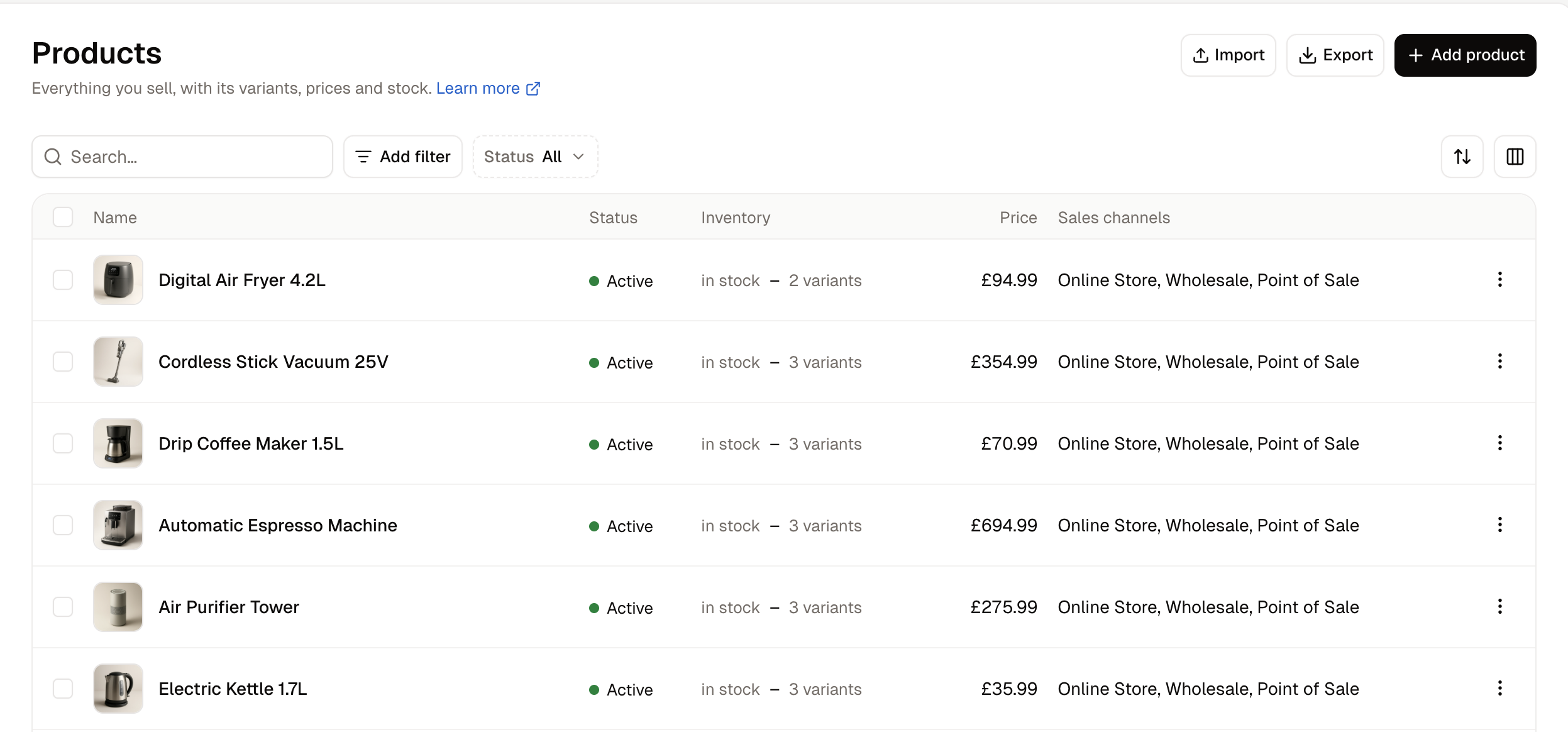 The products list, showing one row per product with its status, inventory and price