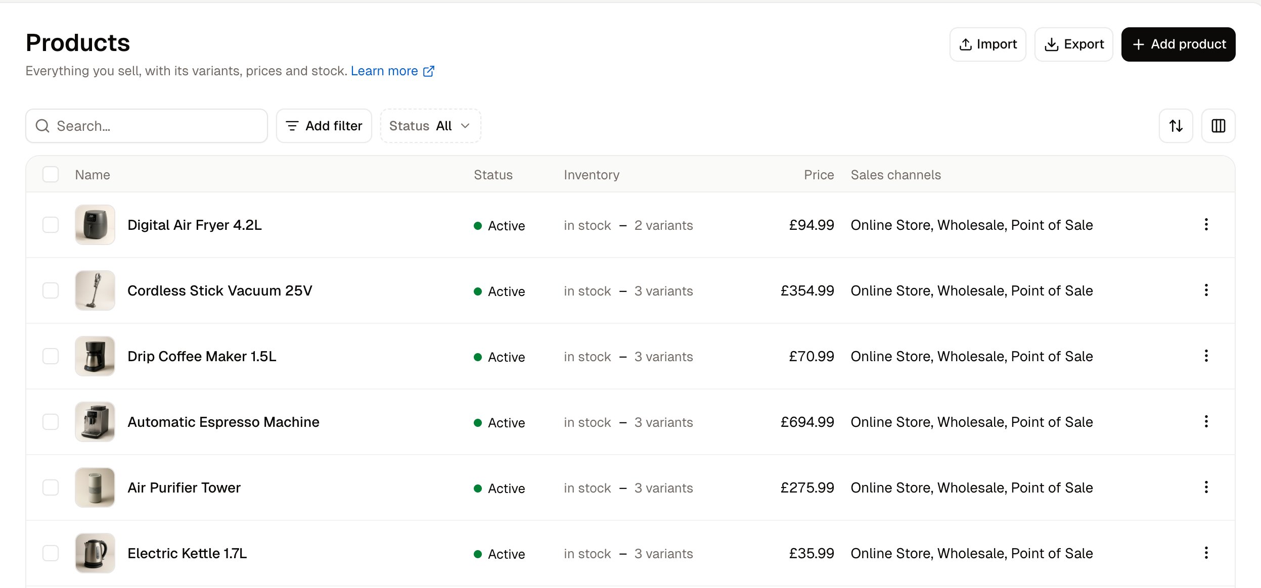 The products list, showing one row per product with its status, inventory and price