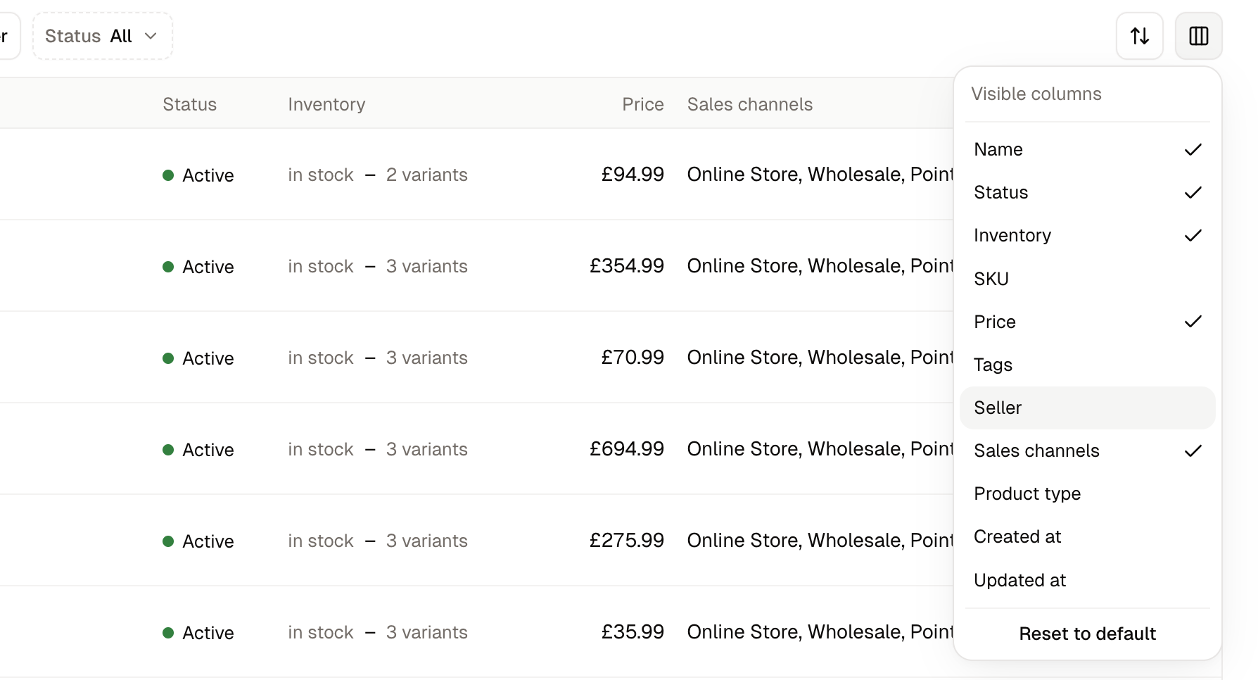 The columns picker open above the products list, with the available columns listed
