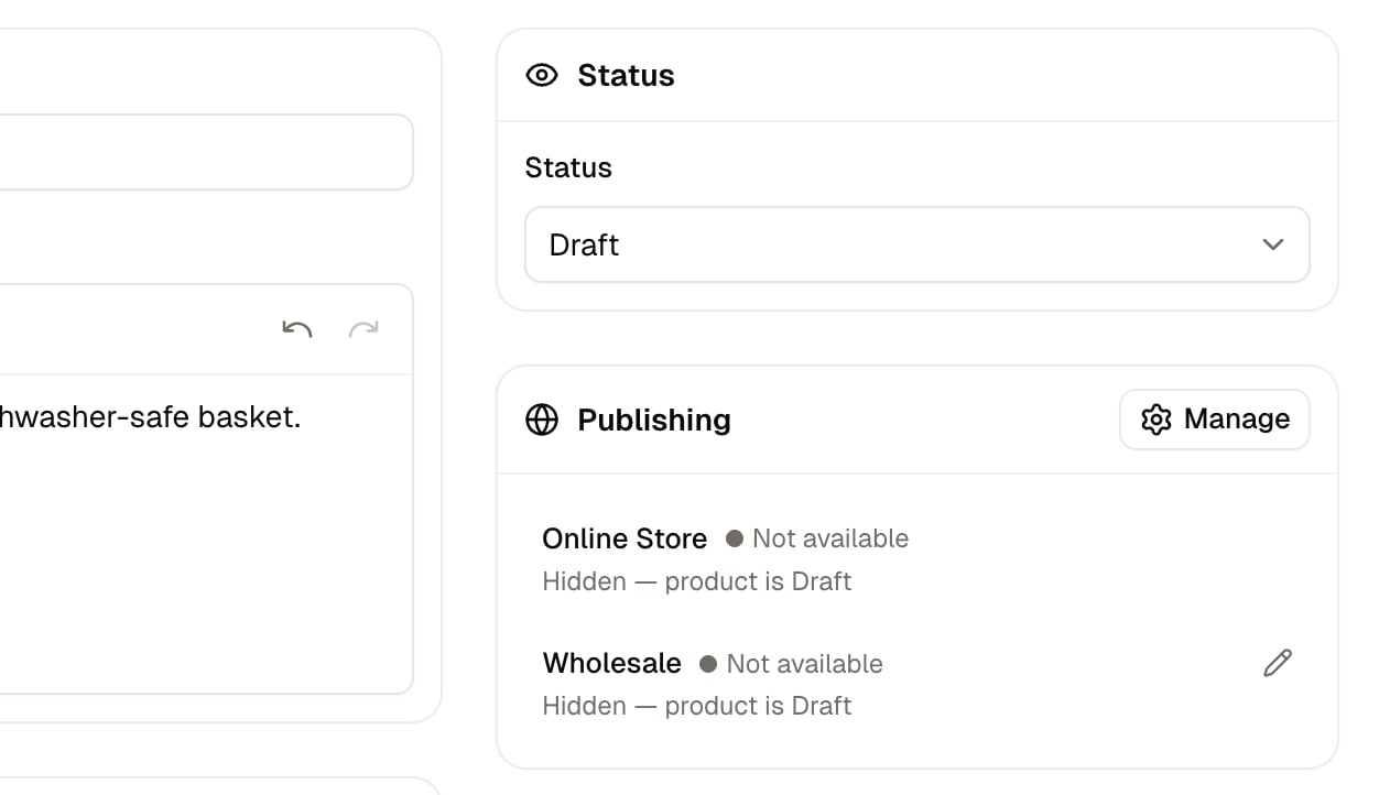 A product's page with its status set to Archived, and Publishing showing it hidden on both sales channels