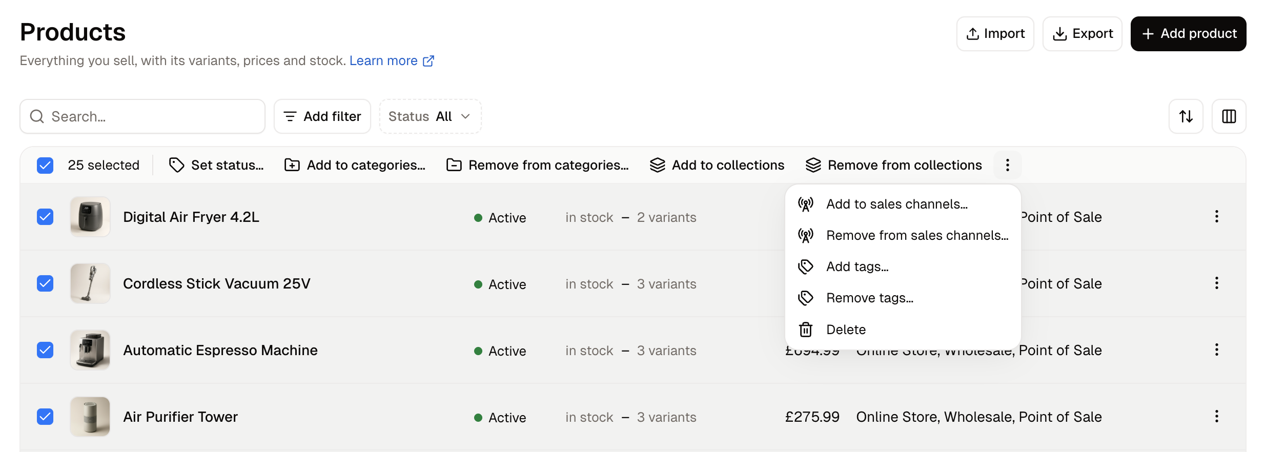 The products list with several products ticked and the bulk actions shown above them