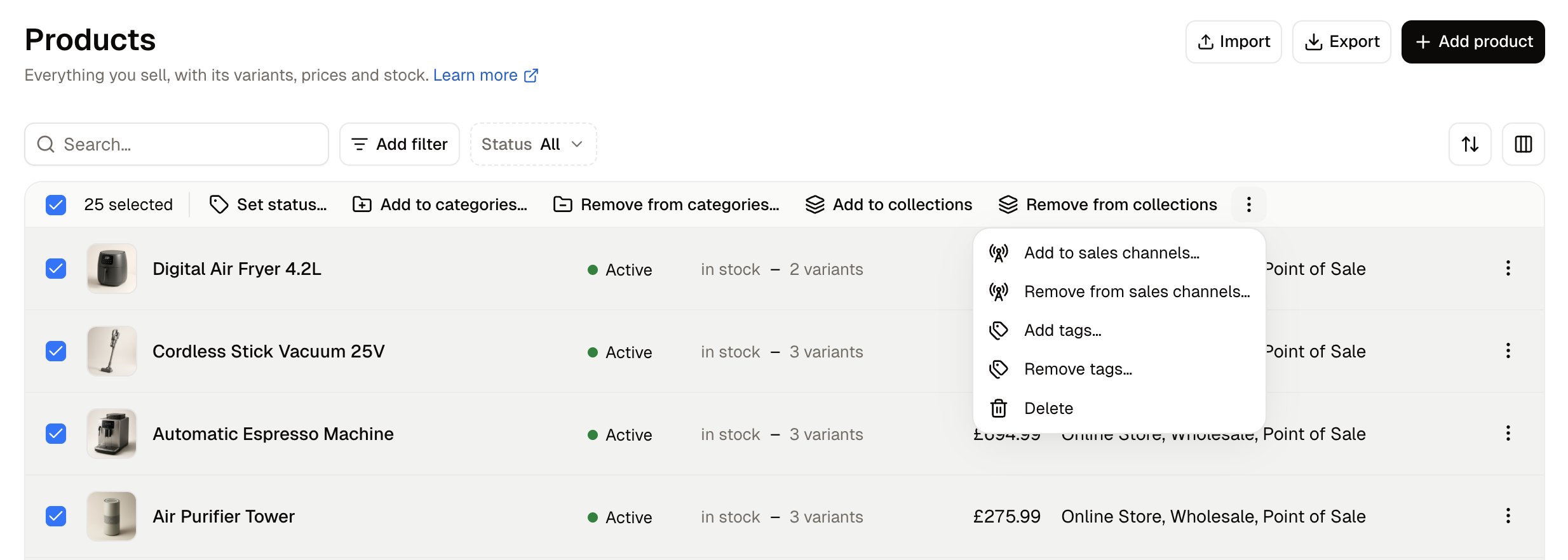 The products list with several products ticked and the bulk actions shown above them