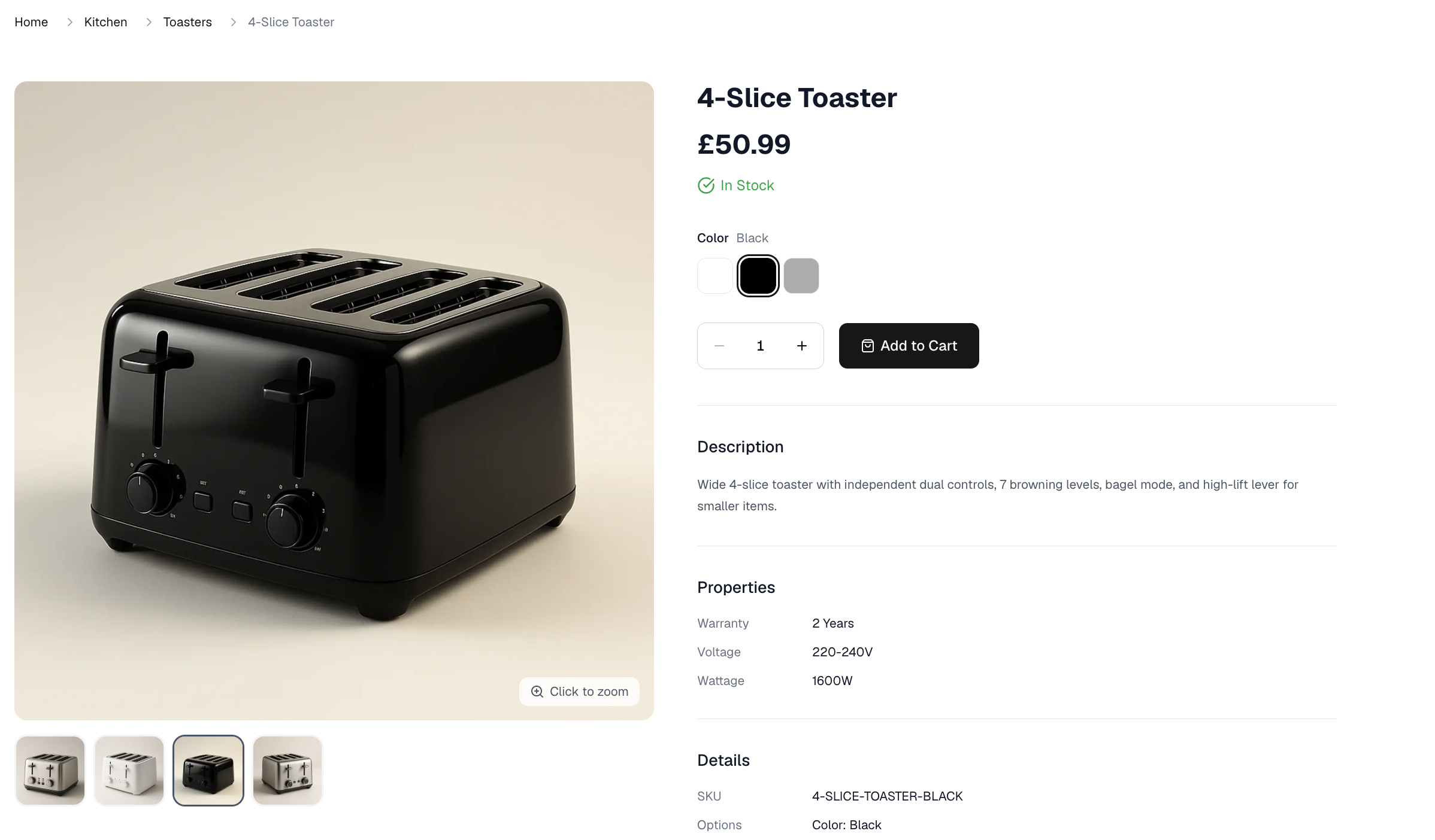 A product page on the storefront, with its option selector and the chosen variant's price