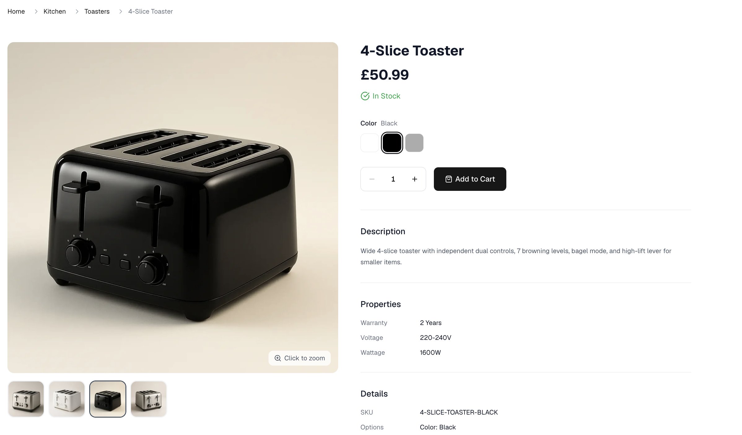 A product page on the storefront, with its option selector and the chosen variant's price