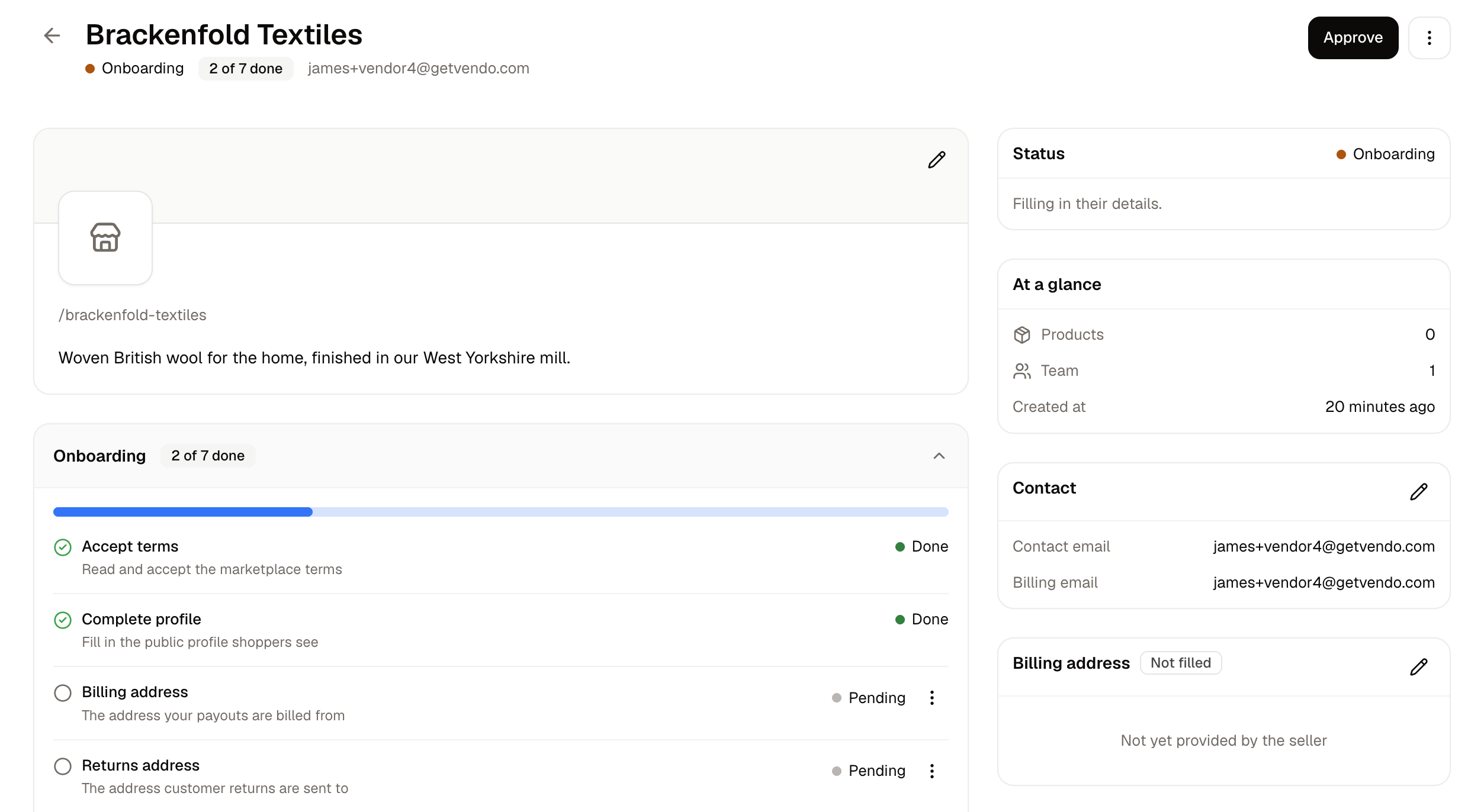A seller's page, with its onboarding checklist and status