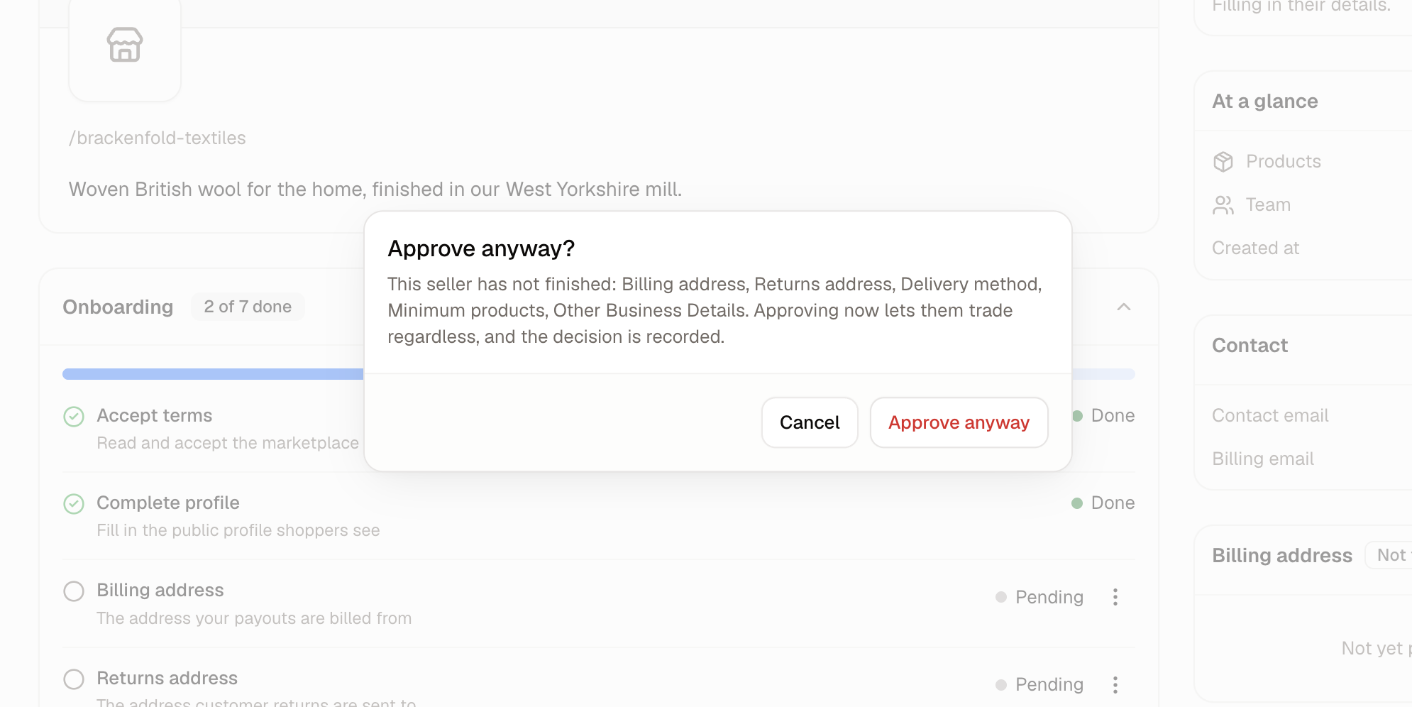 The confirmation shown when approving a seller whose checklist is unfinished