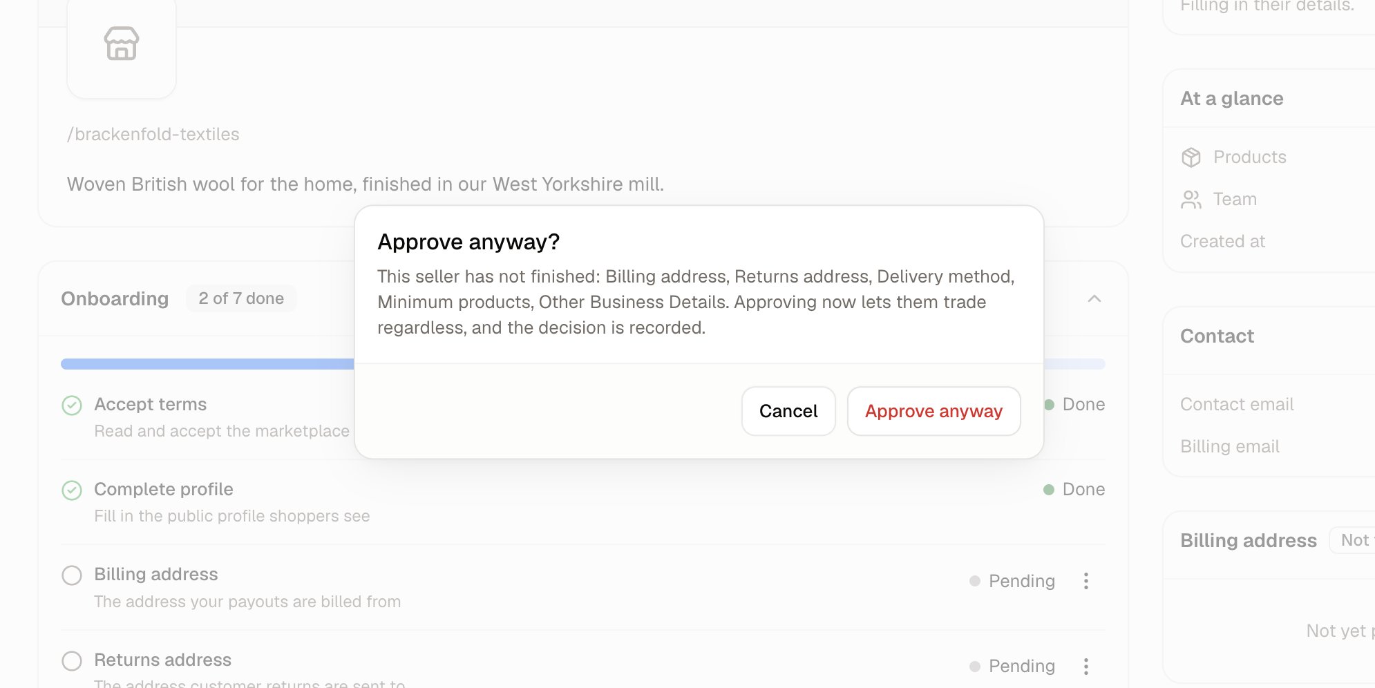 The confirmation shown when approving a seller whose checklist is unfinished