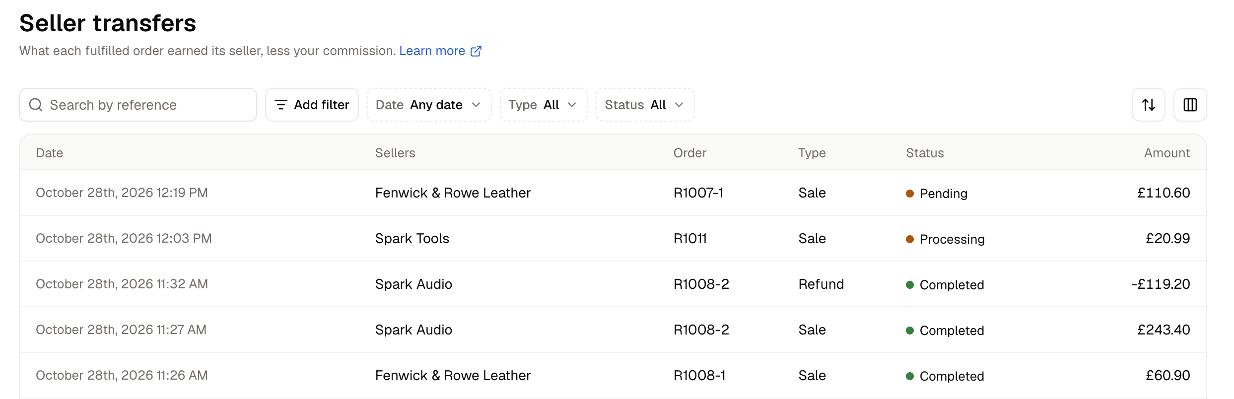 The Seller transfers list, with a sale and a refund