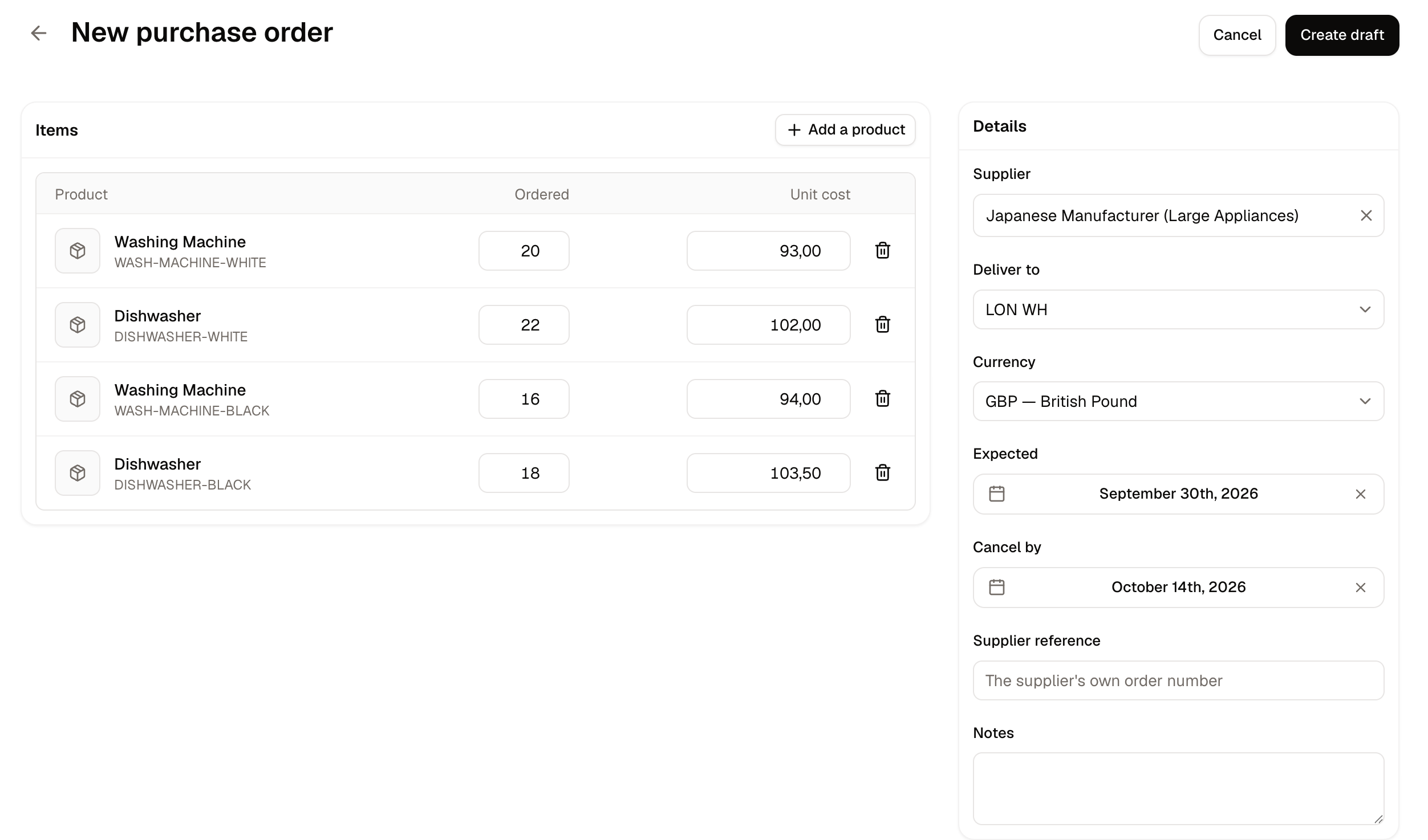 The new purchase order form, showing the Items panel and the Details fields