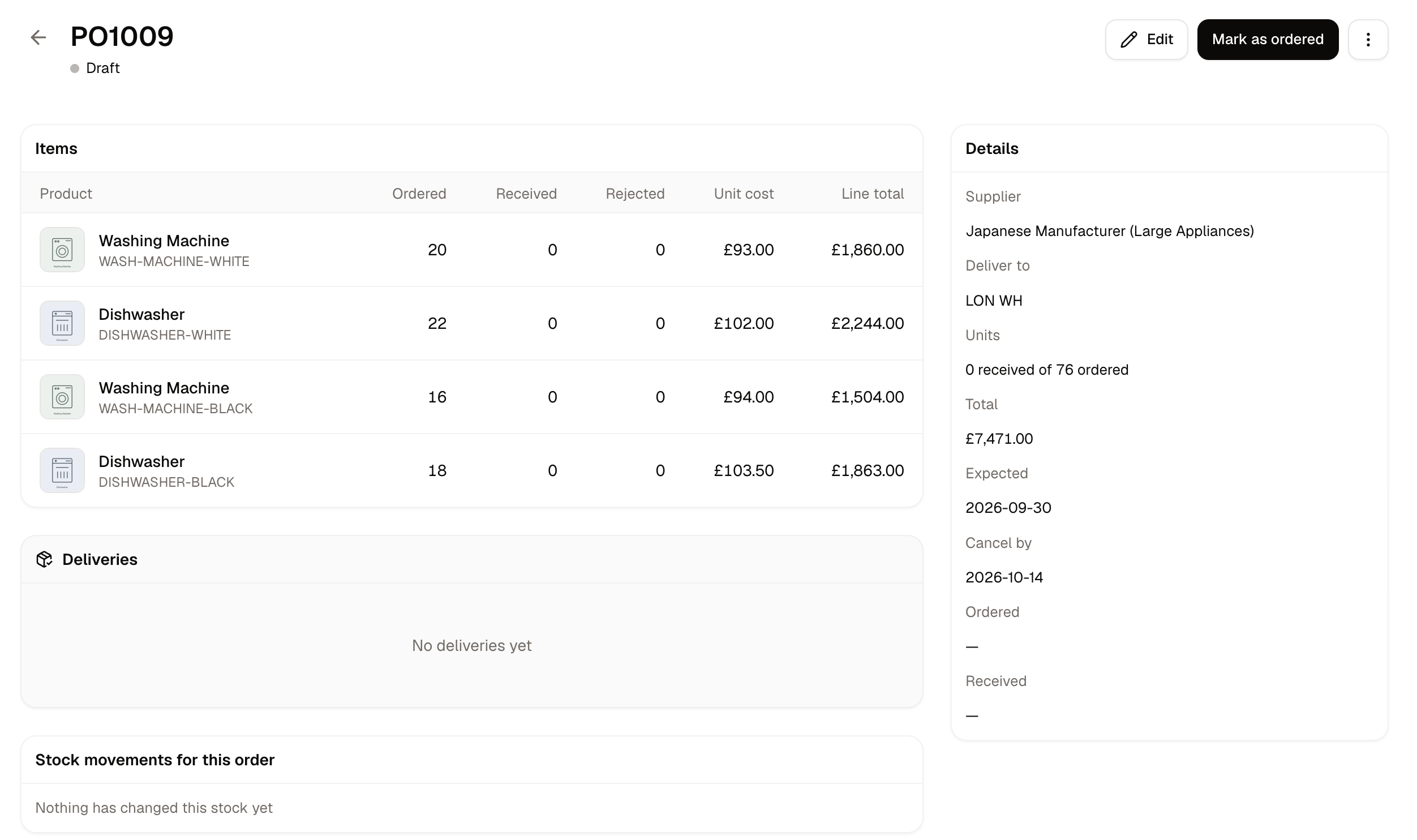 A purchase order showing its details, items, and the buttons that move it through its lifecycle