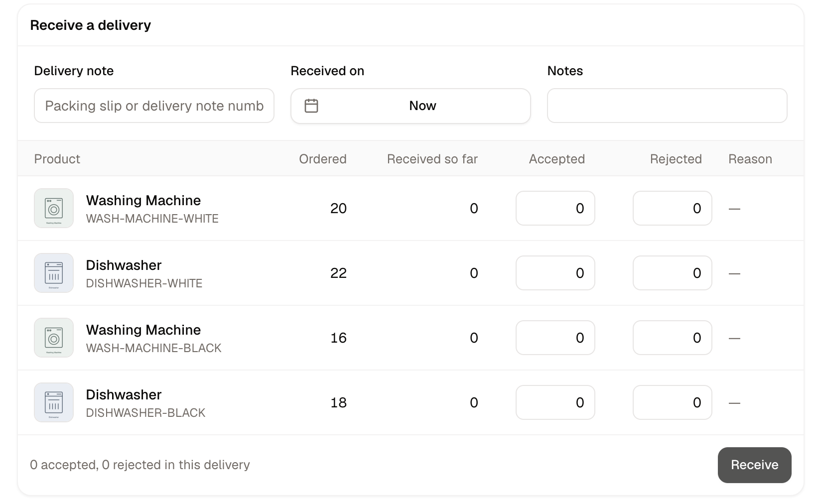 A purchase order ready to receive, with accepted and rejected quantities against each line