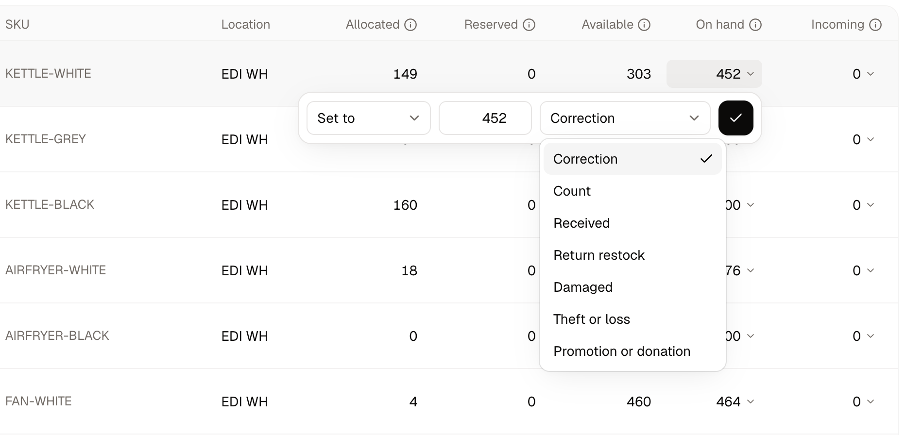 The panel for correcting an on-hand count, showing the change type, amount and reason