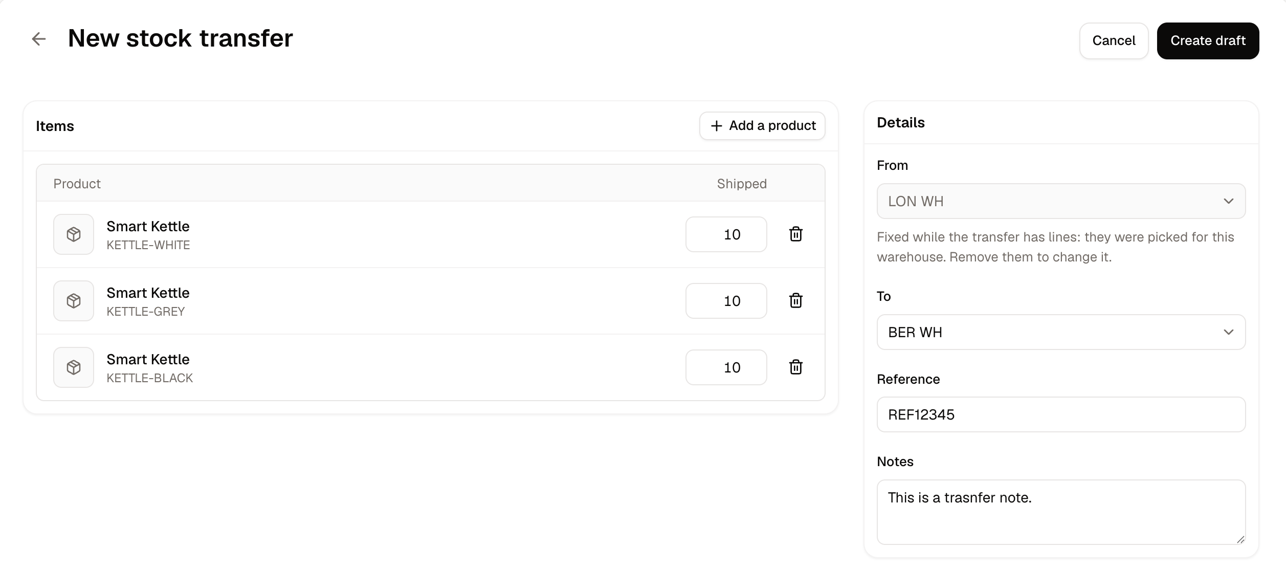 The new stock transfer form, with the Items panel on the left and Details on the right
